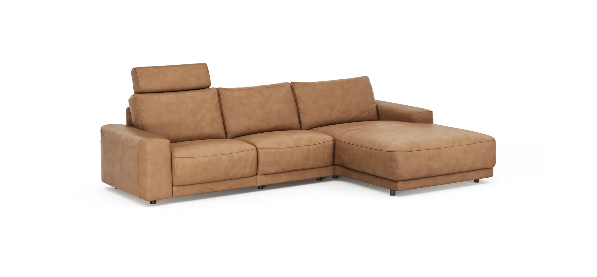 Ecksofa Balok - 2,5-Sitzer mit Longchair groß rechts, inkl. Relaxfunktion (motorisch) und Kopfstütze, Leder, Cognac