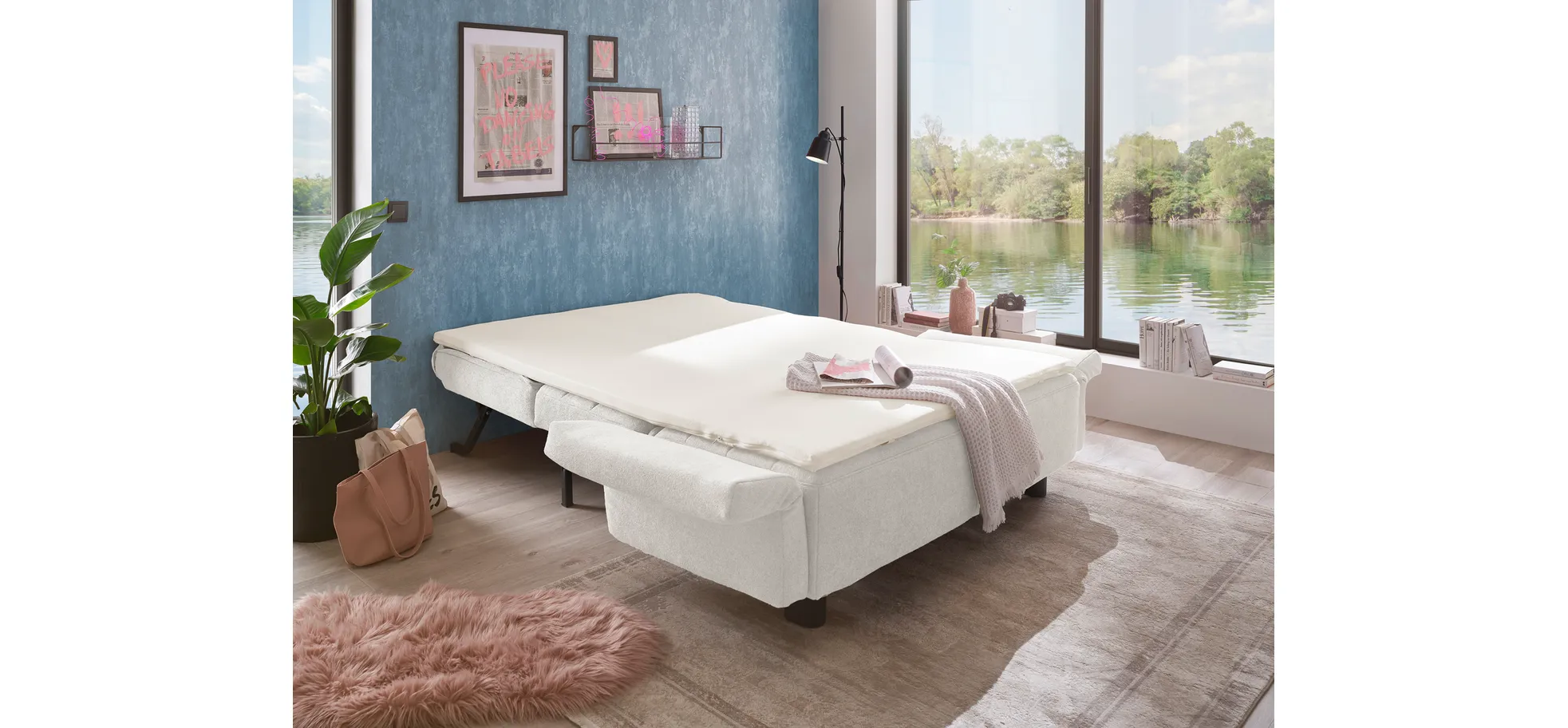  Faltsofa Easy - 2-Sitzer, ca. 140 cm inkl. Schlaffunktion/Topper/Armteil verstellbar, Stoff, Creme