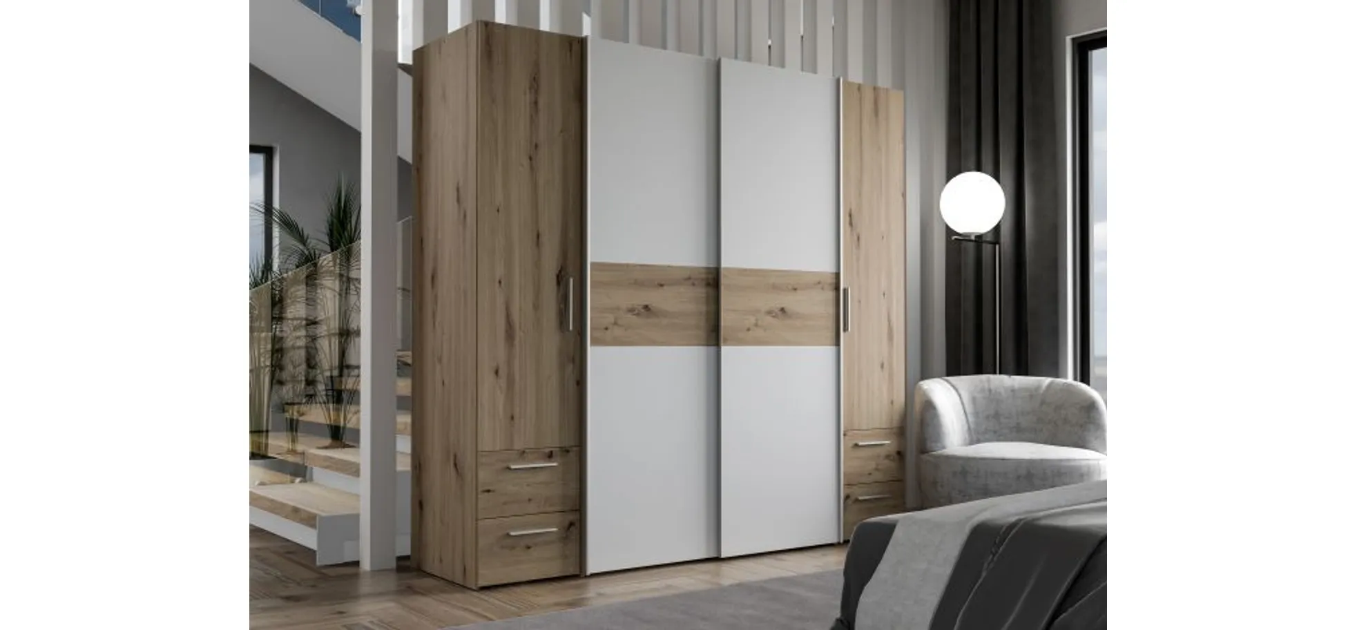 Schwebe-/Drehtürenschrank FENNA - B. ca. 200 cm, Eiche Dekor, Weiß