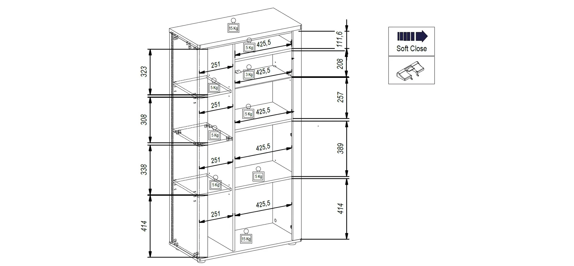 Highboard - mit Beleuchtung, B ca. 78 cm, Eiche Nachbildung, Eiche dunkel Nachbildung