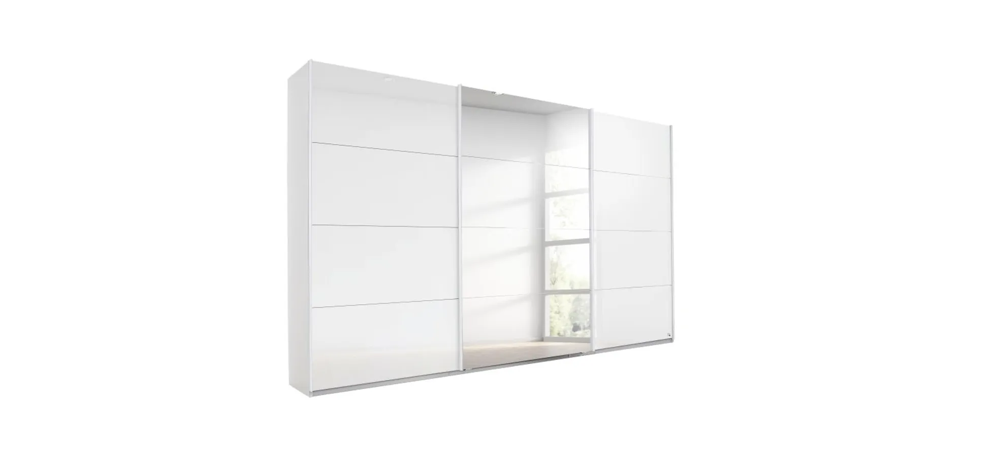 Schwebetürenschrank RIVASA- B ca. 361 cm, Weiß, Weiß Hochglanz, Spiegel