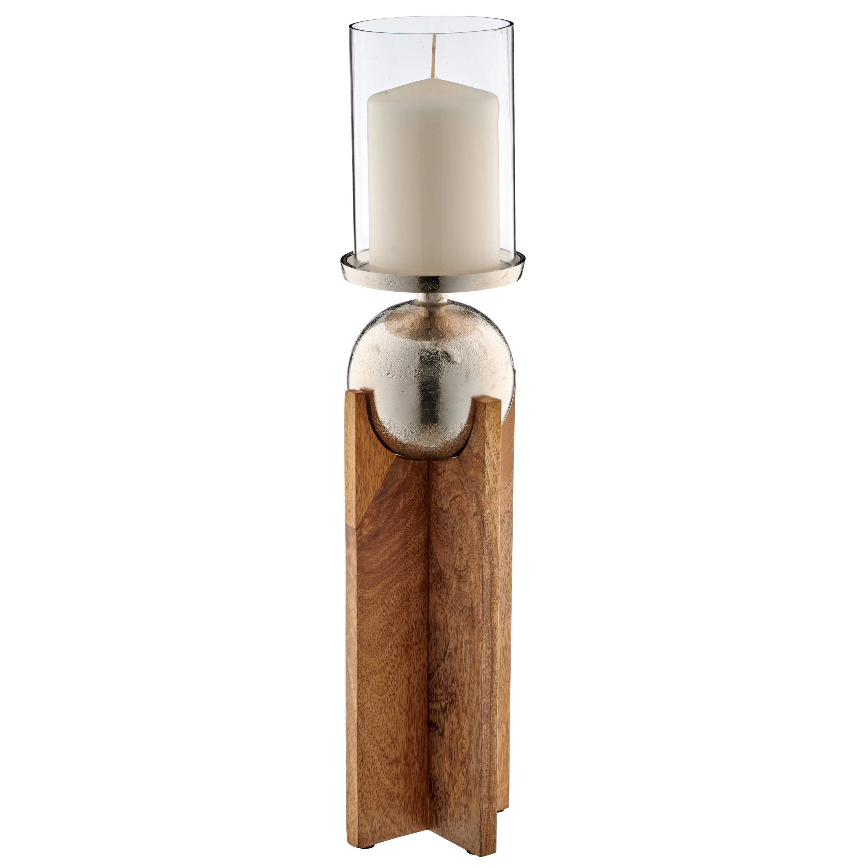 Mangoholz Windlicht mit Aluminiumkugel mit Glas - natur, ca. 12x12x50cm