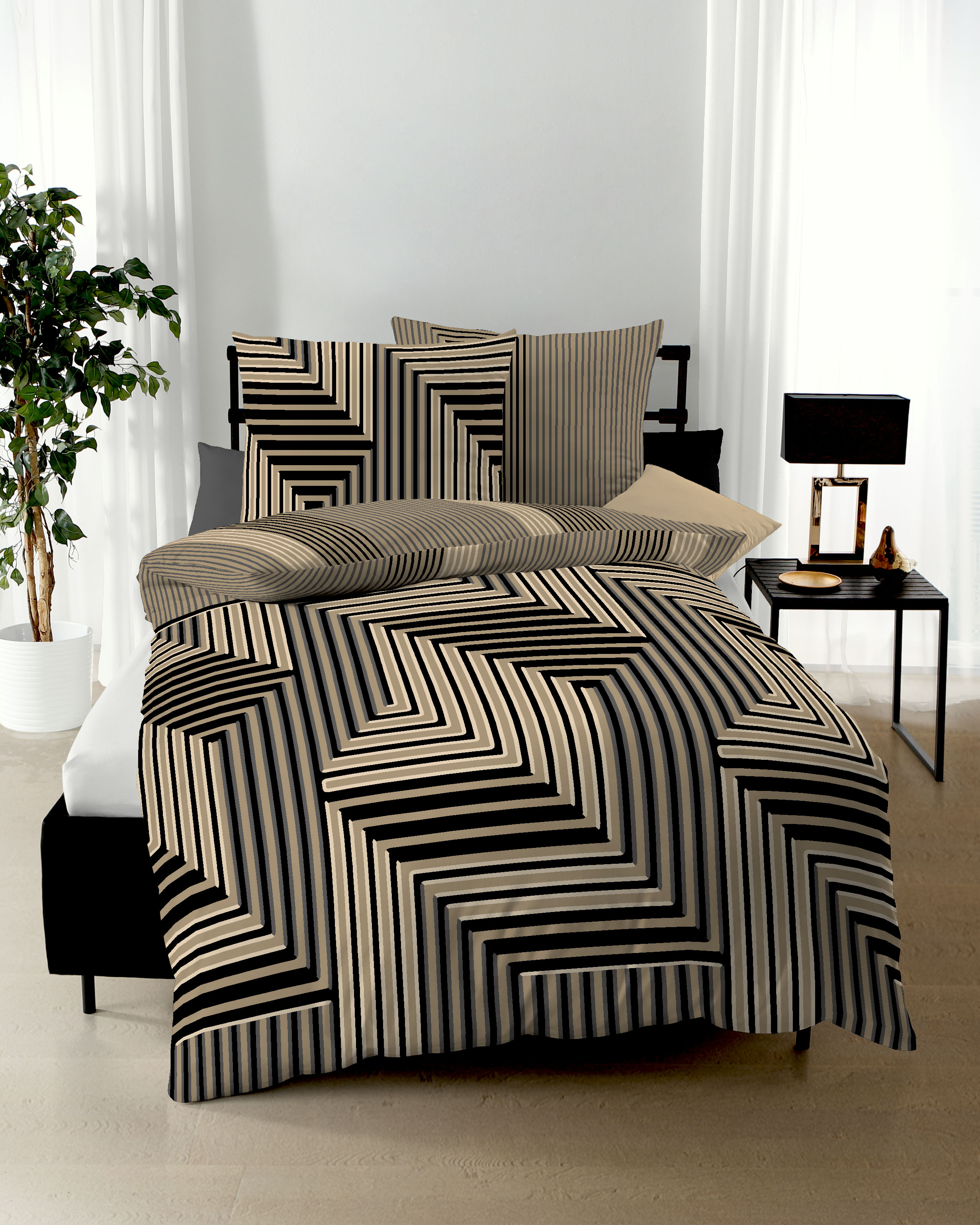 Feinbiber Bettwäsche Escape, 100 % Baumwolle - 135x200cm, gold/schwarz/Muster