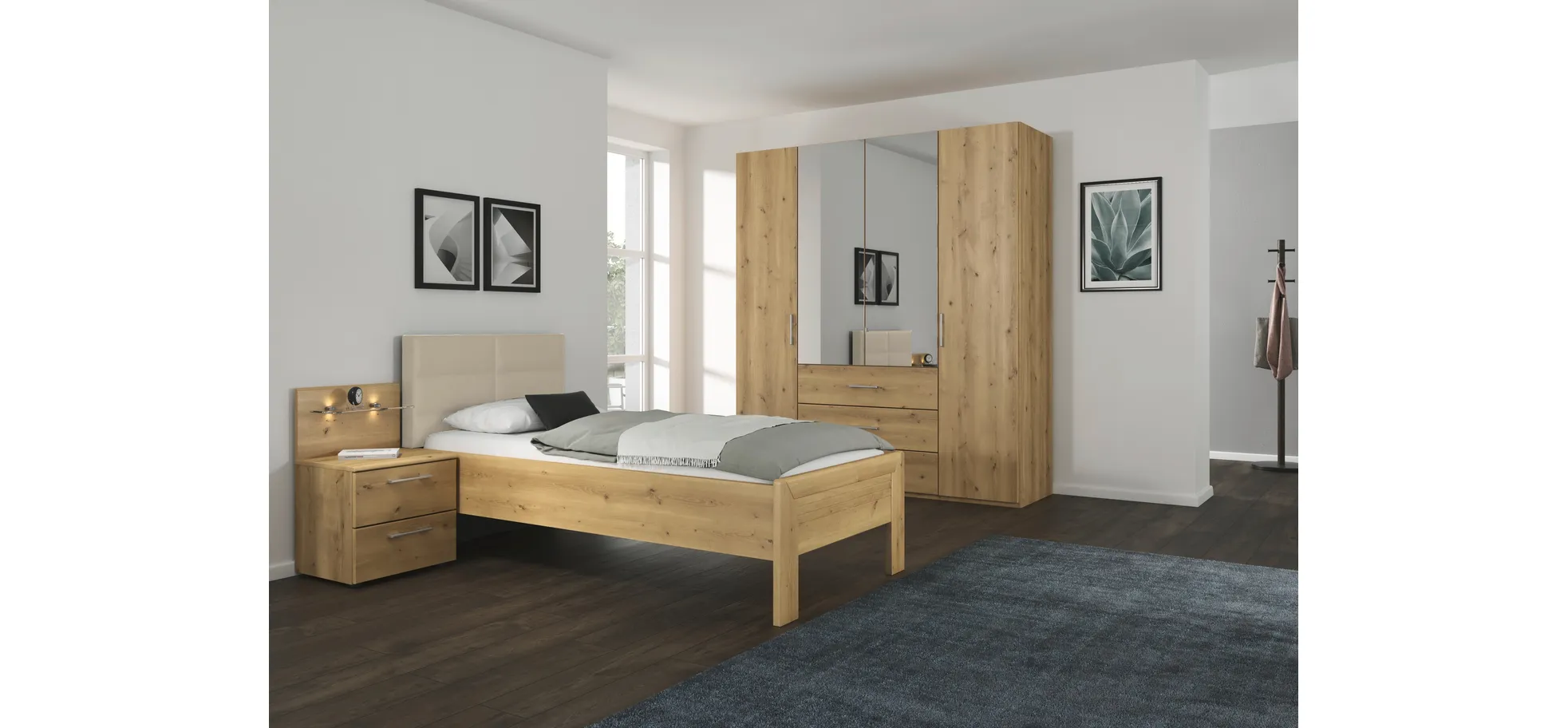 Bett EM Silves - Liegefläche ca. 100x200 cm, mit Polsterkopfteil, Asteiche