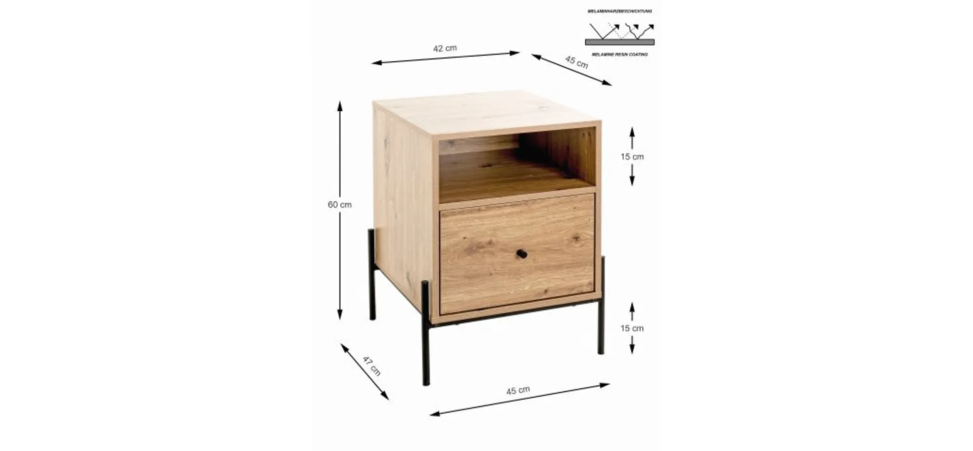 Konsolentisch - B/H/T ca. 45x60x47 cm, Eiche Nachbildung, Schwarz
