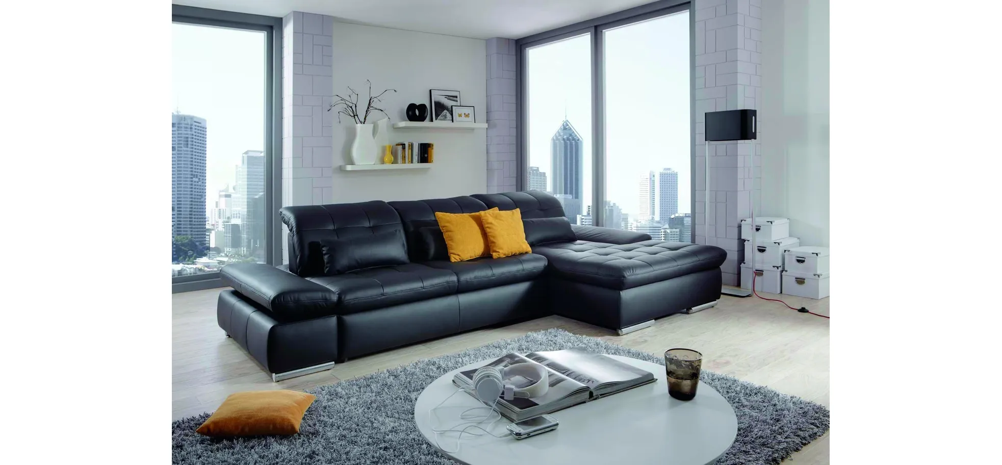 Sofa - 2-Sitzer mit Longchair rechts, inkl. Schwenkrückenfunktion, Leder, Schwarz