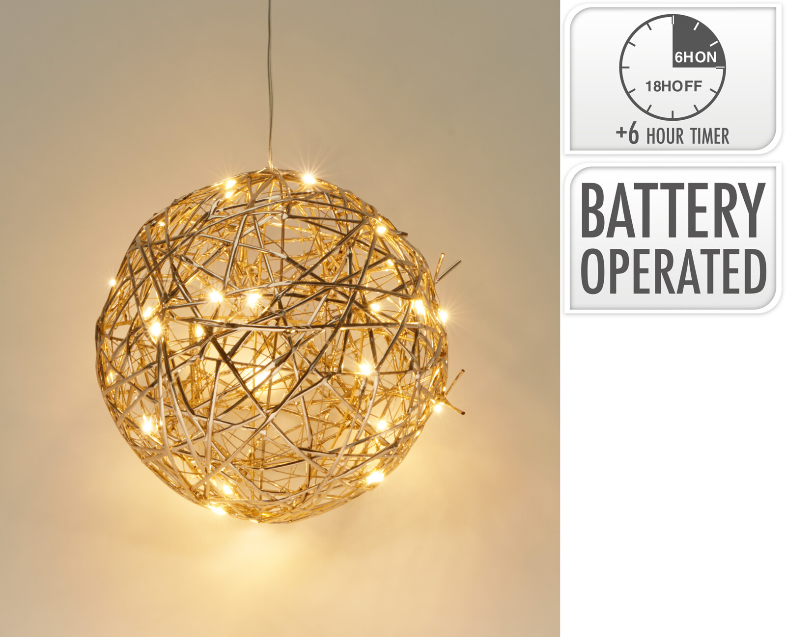 LED Kugel, ca. 20cm, gold - Timer, Batteriebetrieb (ohne Batt.)