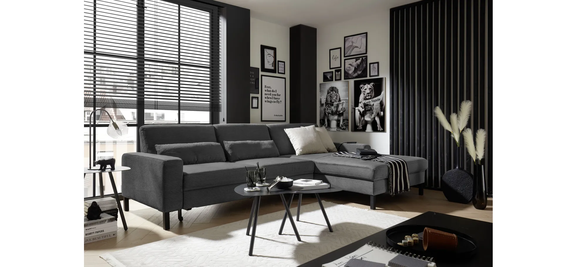  Ecksofa CALM MOVE 2.0 - 2,5-Sitzer mit Longchair rechts, Schlaffunktion, Feincord, Anthrazit