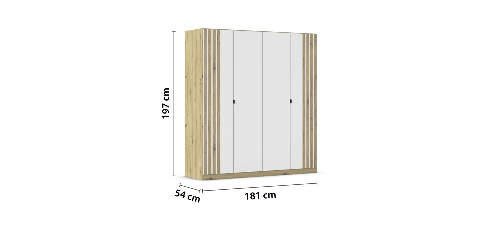 Drehtürenschrank RUERTO- B ca. 181 cm, Eiche Dekor, Weiß, Paneel, Eiche Dekor