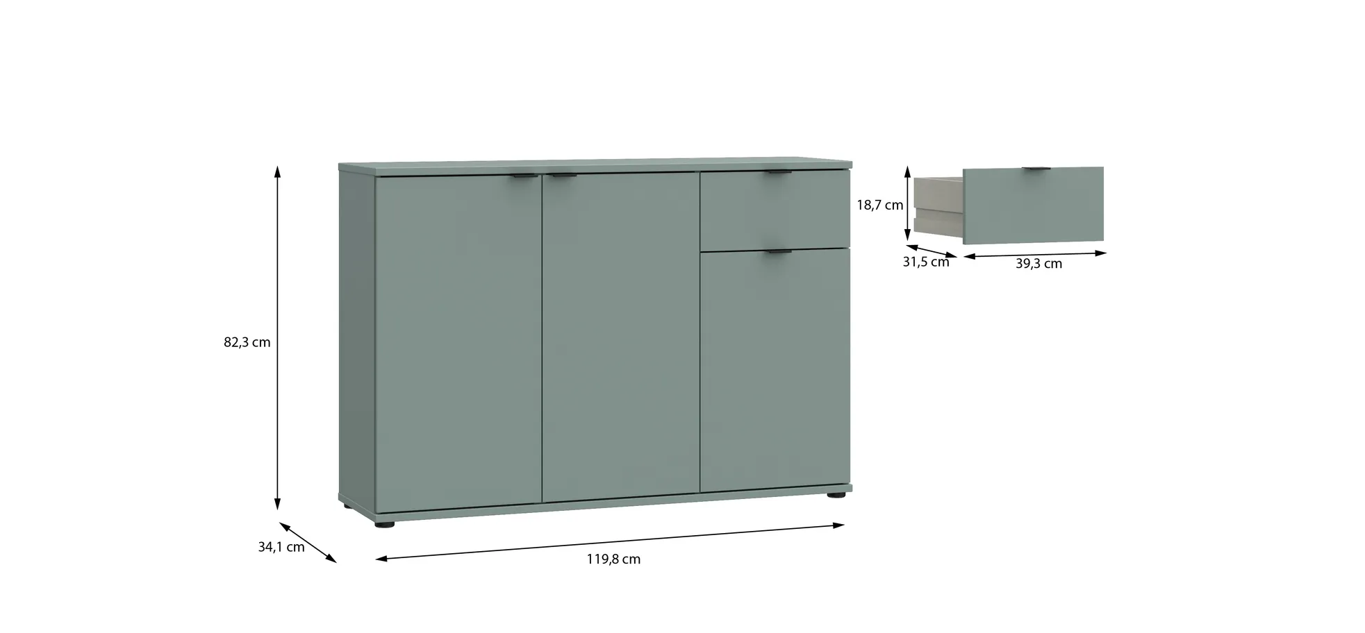 Kommode, Salbei, 3 Türen, 1 Schub - Finella
