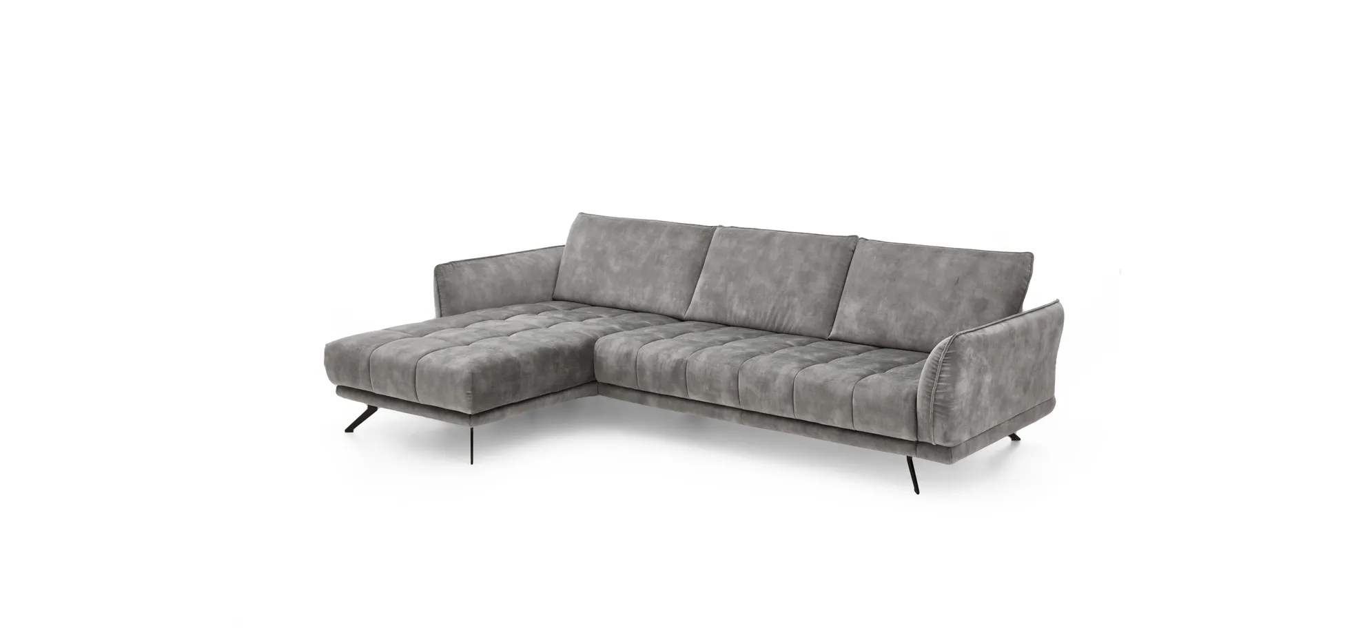 Ecksofa - 3-Sitzer mit Longchair links, Velourstoff, Silbergrau