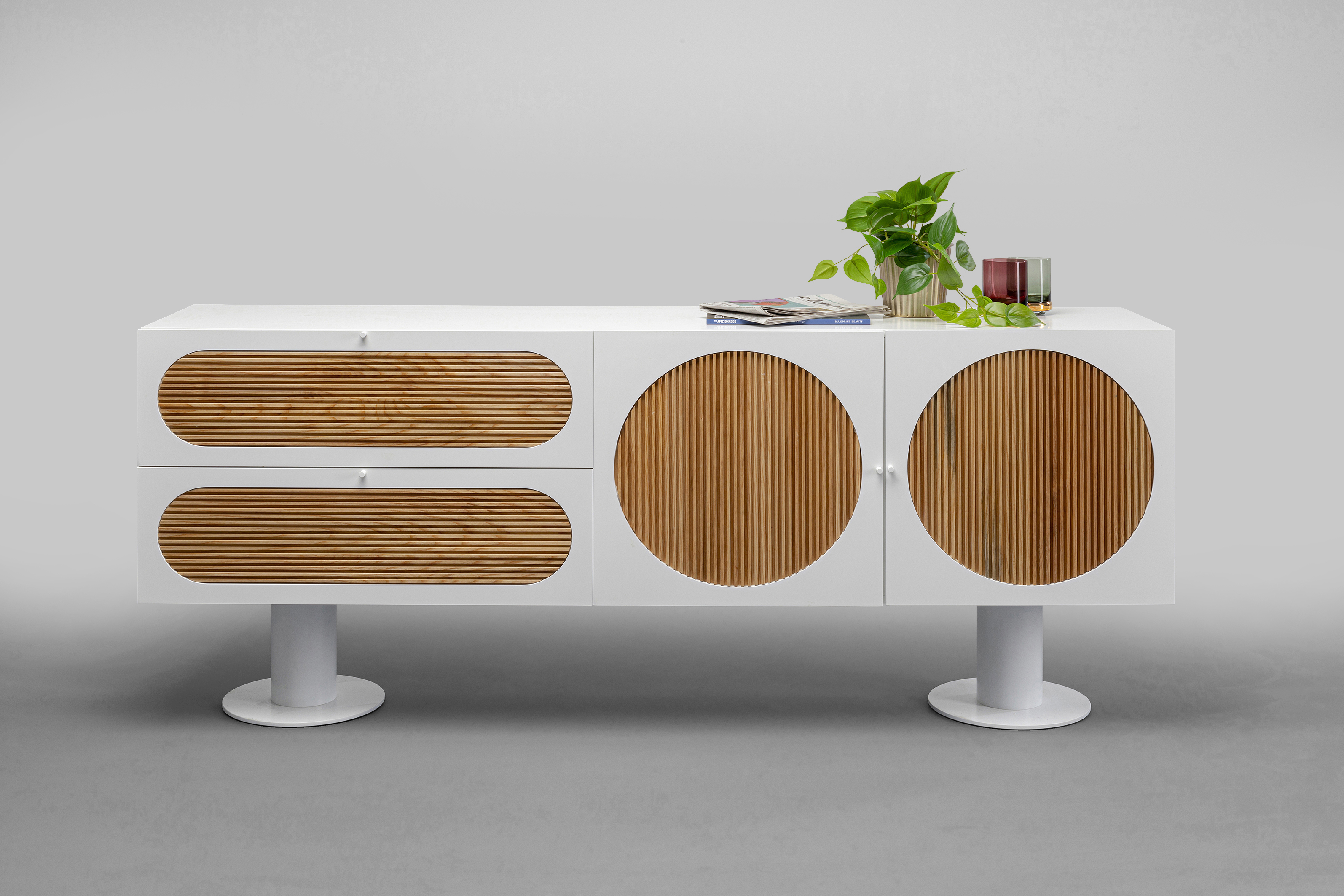 Sideboard Atomic, weiß, Eiche Massicholz - Atomic