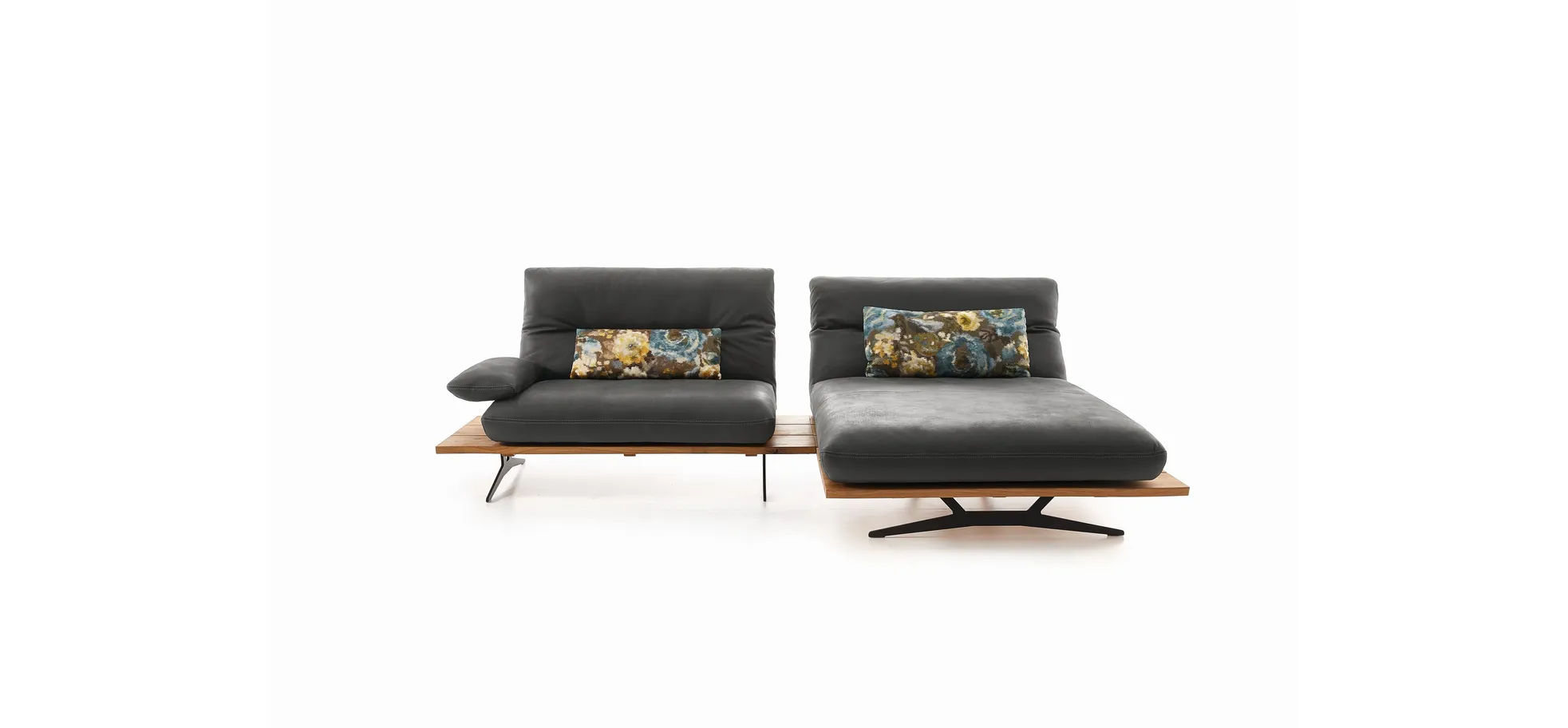 Ecksofa - 1-Sitzer mit Longchair rechts, Rücken/Armlehne/Sitztiefe verstellbar, Leder, Schwarz