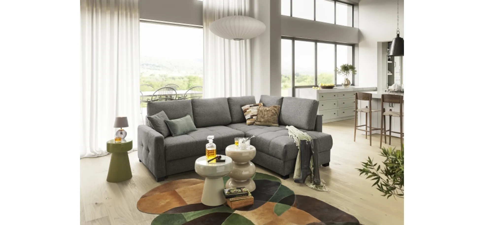 Ecksofa EDWIN - 2-Sitzer, Ecke rechts inkl. Schlaffunktion und Bettkasten, Stoff, Braun