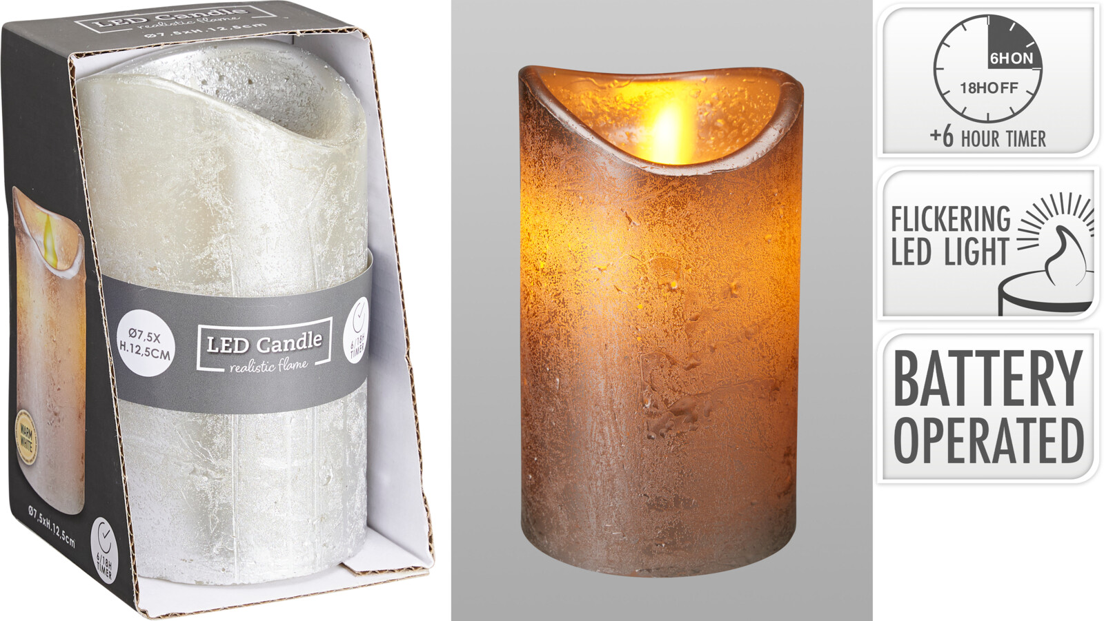 LED Kerze 7,5x12,5cm - timer, batteriebetrieb, silber