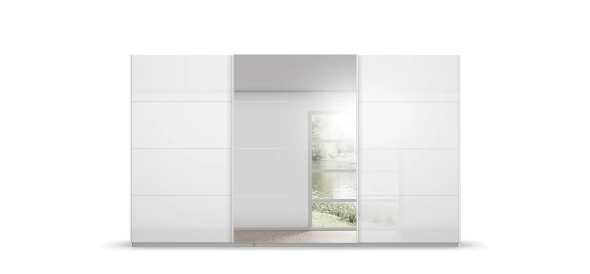 Schwebetürenschrank RIVASA- B ca. 361 cm, Weiß, Weiß Hochglanz, Spiegel