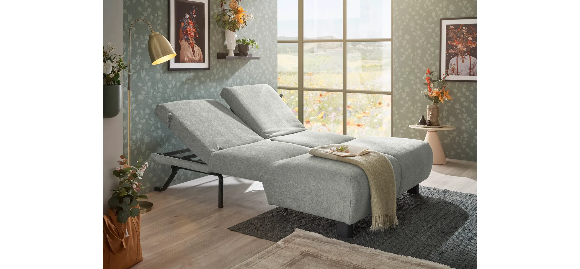  Faltsofa EBBY - 2-Sitzer ohne Armlehne, 140 cm inkl. Schlaffunktion/Relaxfunktion, Stoff, Grau