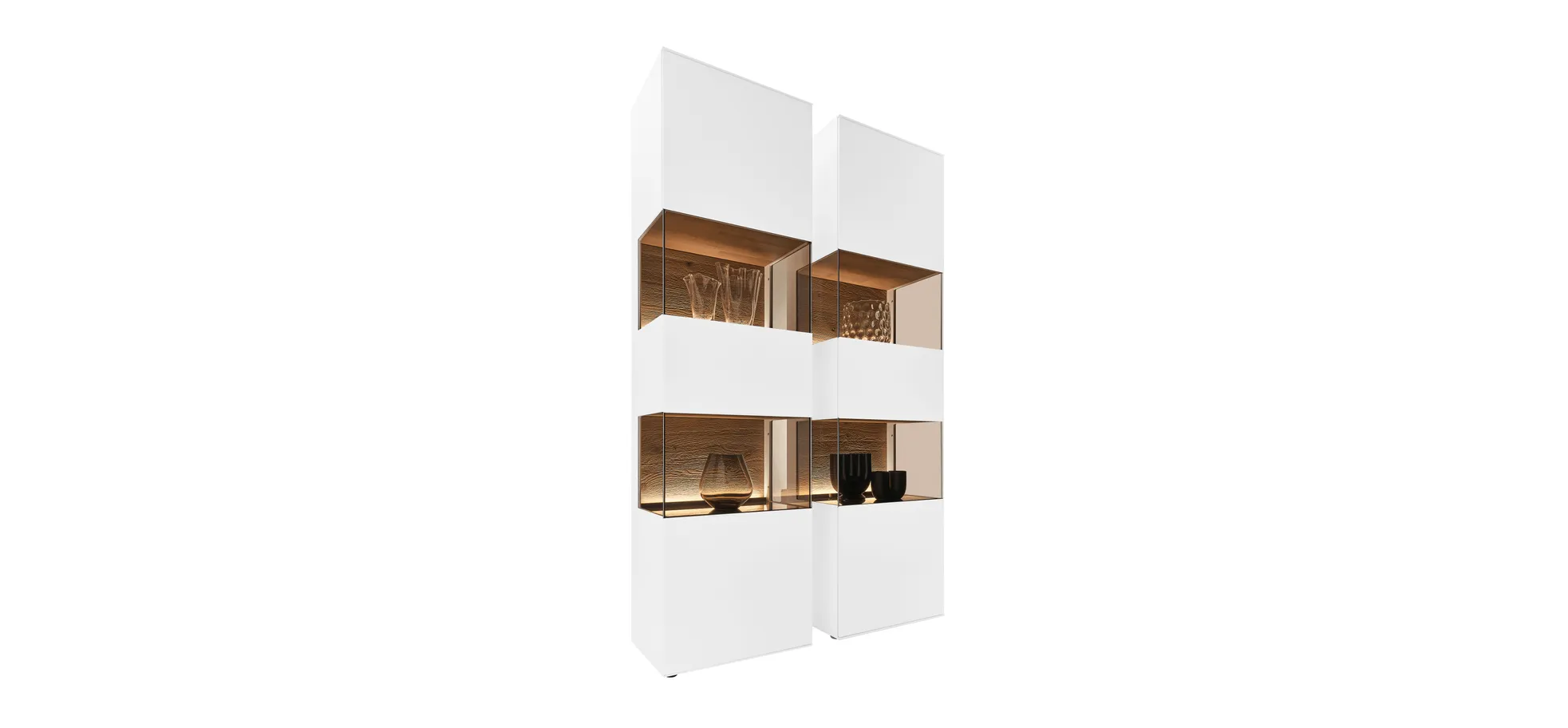 Vitrine - mit Beleuchtung, Birke massiv, Weiß lackiert, Applikation Kerneiche Umato