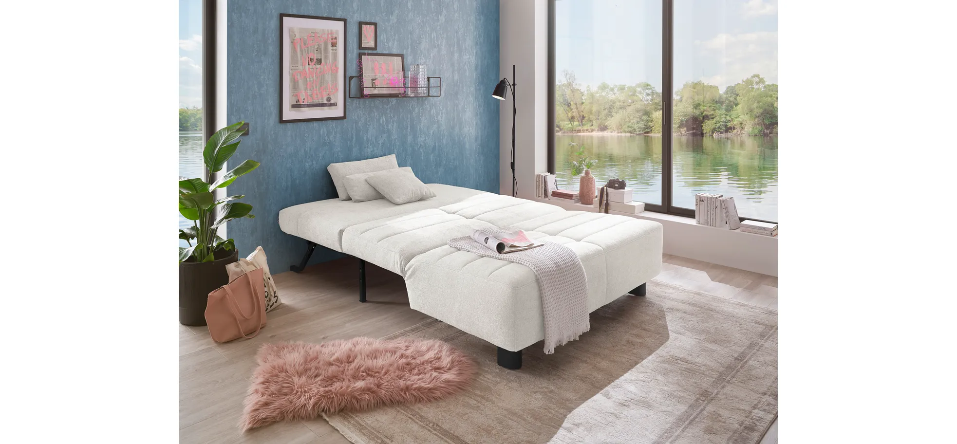  Faltsofa Easy - 2-Sitzer ohne Armlehne, ca. 140 cm inkl. Schlaffunktion, Stoff, Creme