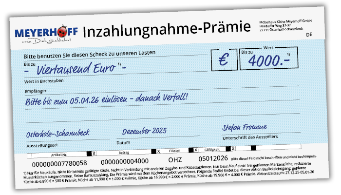 Küchen inzahlungnahme Aktion • Musterscheck über 4.000 € Tausch-Prämie