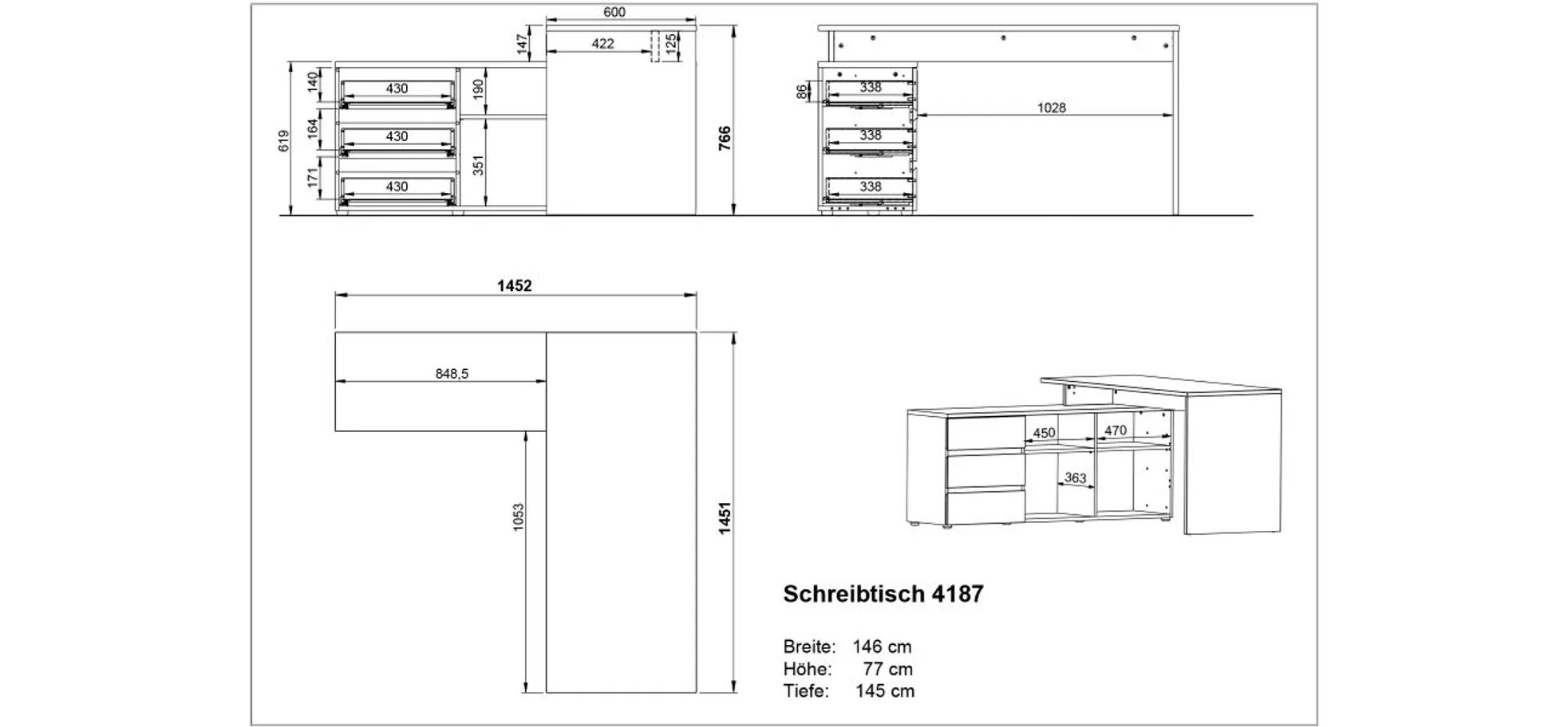 Winkelschreibtisch GRIFFIN - B/H/T ca. 146x76x145 cm, Graphit, Eiche Dekor