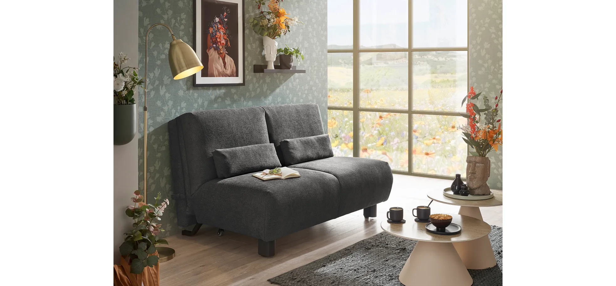  Faltsofa EBBY - 2-Sitzer ohne Armlehne, 140 cm inkl. Schlaffunktion, Stoff, Dunkelgrau
