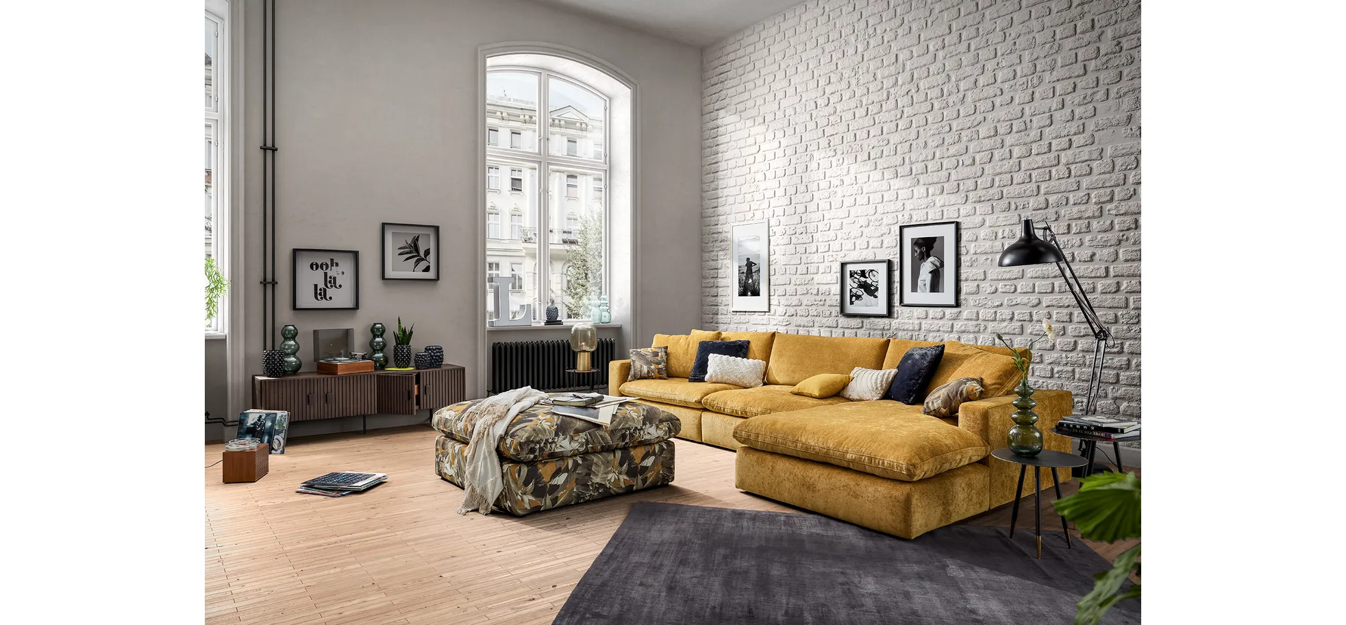 Hocker Palmdale - LB ca. 115x115 cm, Stoff, Palmenmuster