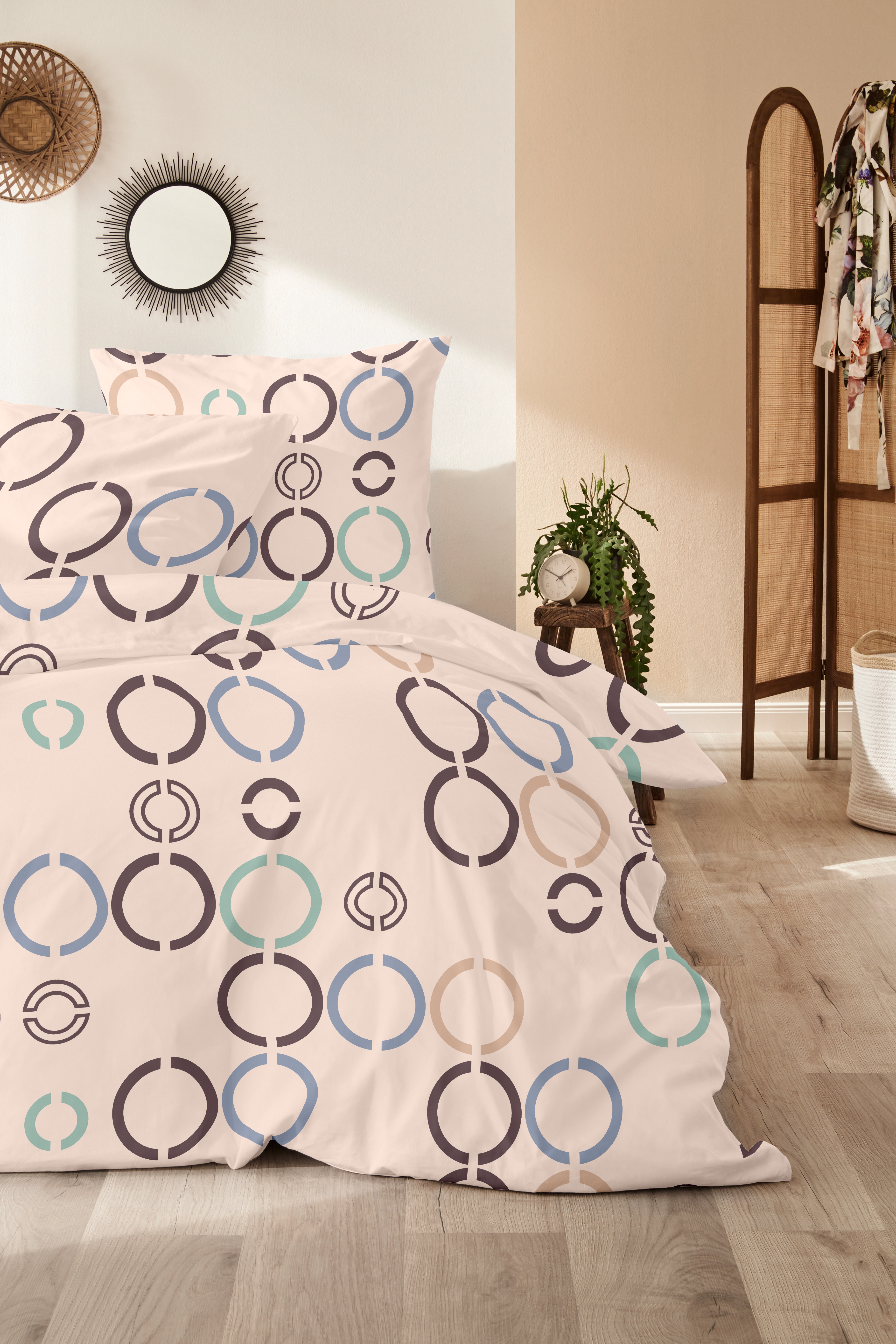 Mako-Satin-Bettwäsche, 155x220cm, beige-blau - 100% Baumwolle