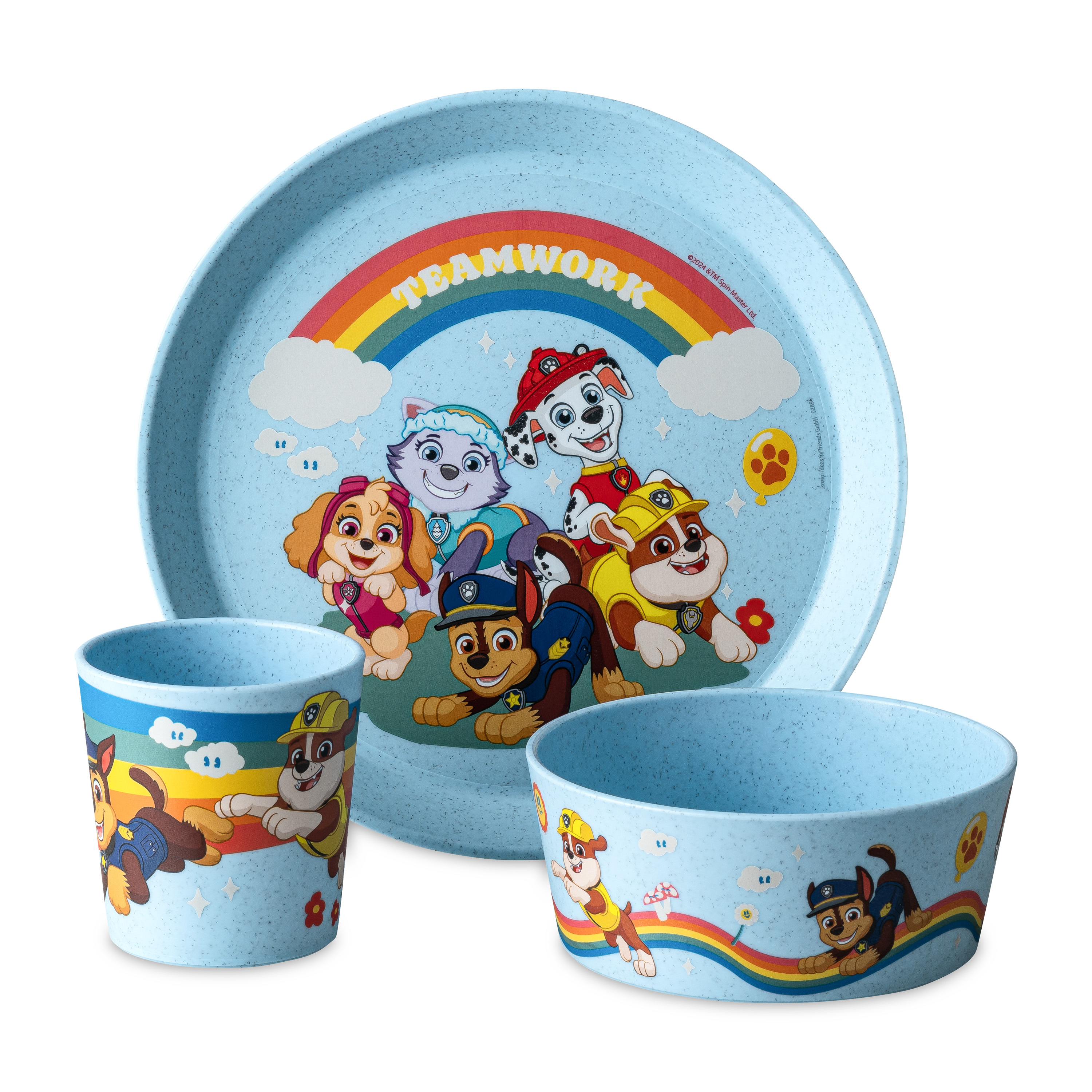Teller+Schale+Becher, organic sky blue paw patrol - bruchsicher, stapelbar, 100% CO2-neutral