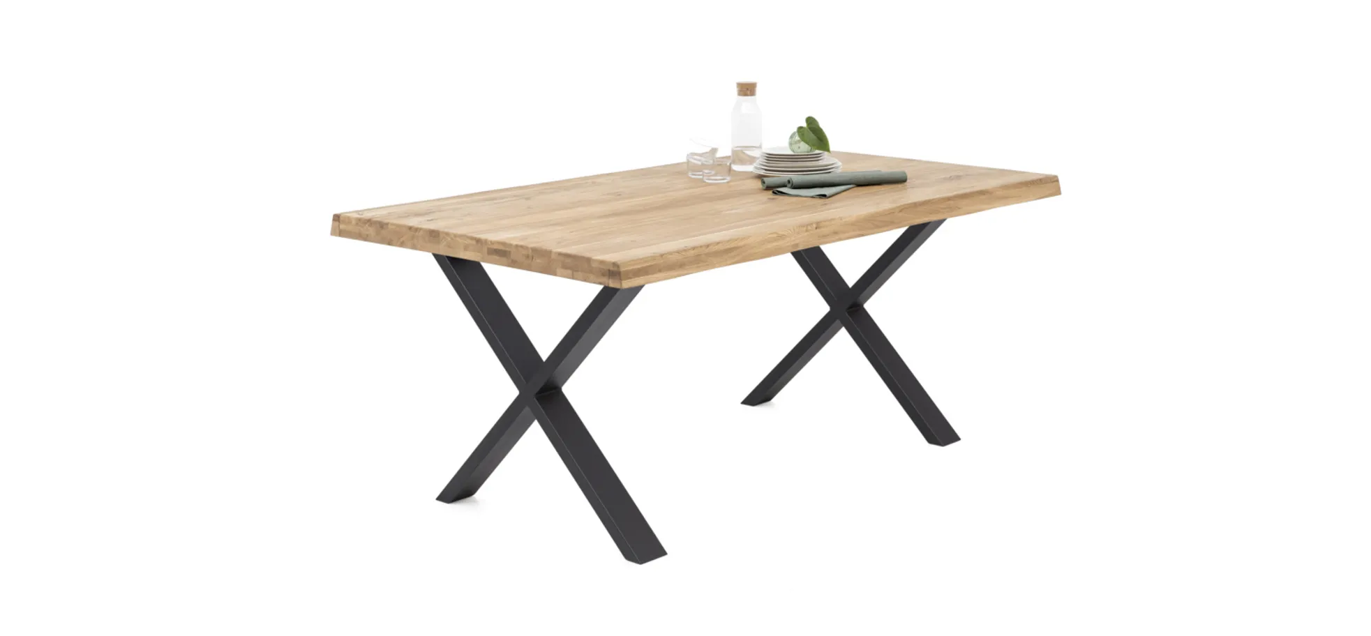 Esstisch - LB ca. 200x100 cm, Eiche massiv geölt, Baumkante, Schwarz