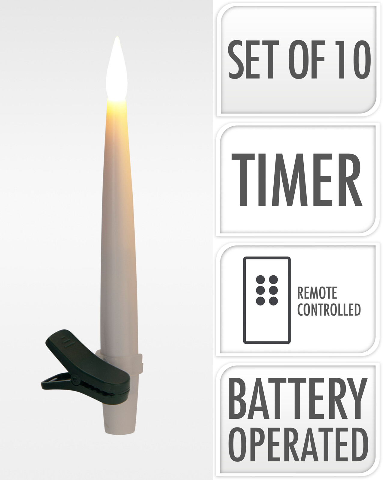 LED Kerzenset mit Clip, 10-er Set - Timer, Fernbedienung, Batt.betr.(ohne Batt.)