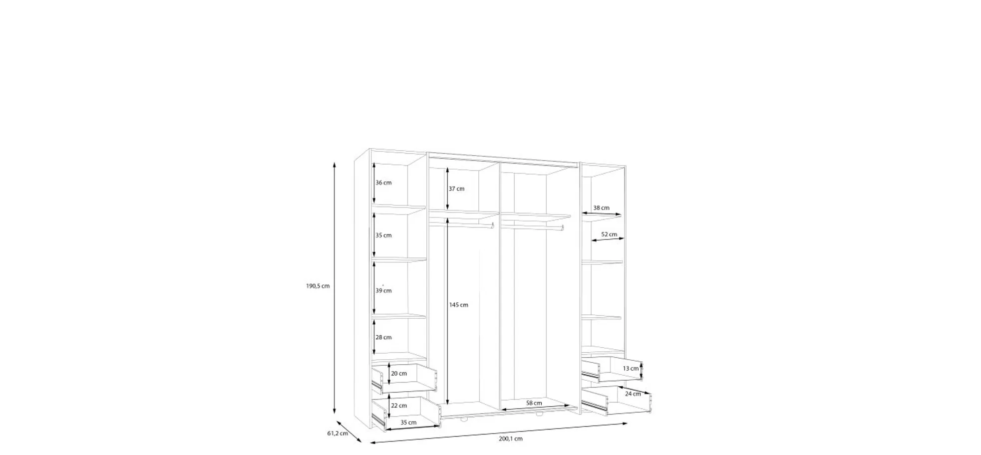 Schwebe-/Drehtürenschrank FENNA - B. ca. 200 cm, Eiche Dekor, Weiß