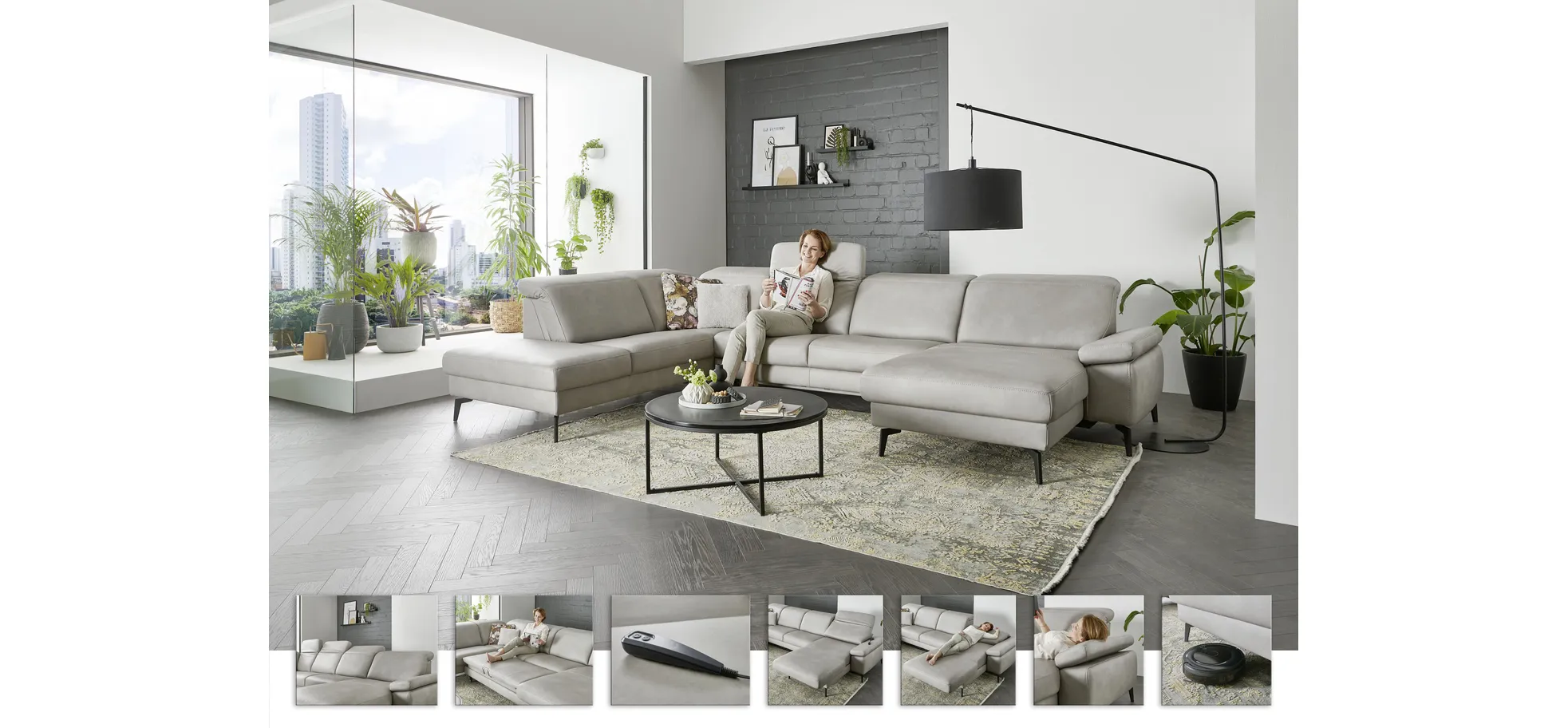 Wohnlandschaft - Ecke links mit 2,5-Sitzer und Longchair rechts, Kopfteil verstellbar, Leder, Alufarben