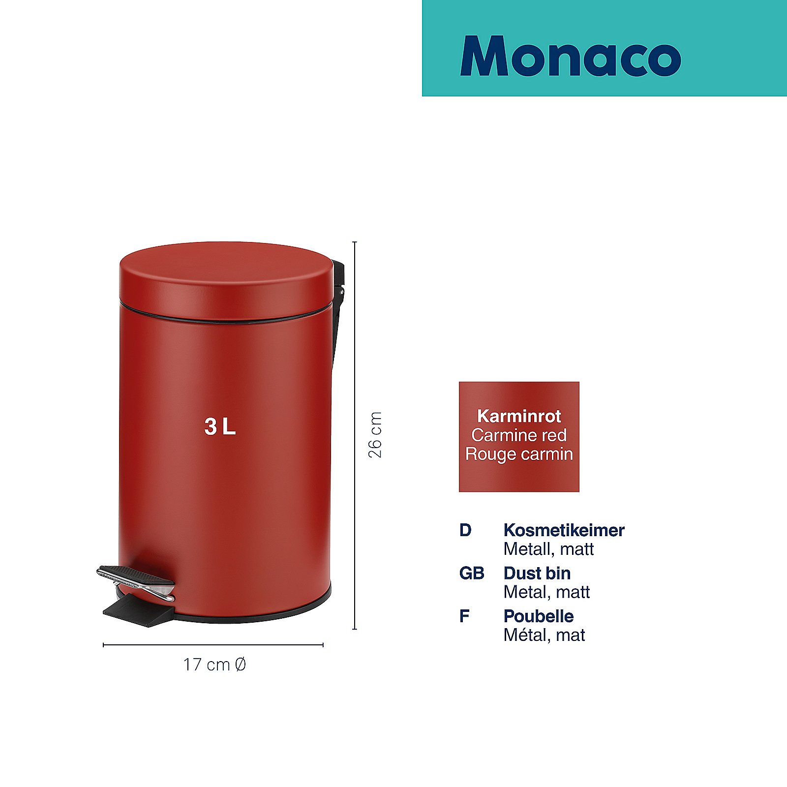 Kosmetikeimer Monaco, ca. Ø17cm, Höhe ca. 26cm - orientrot
