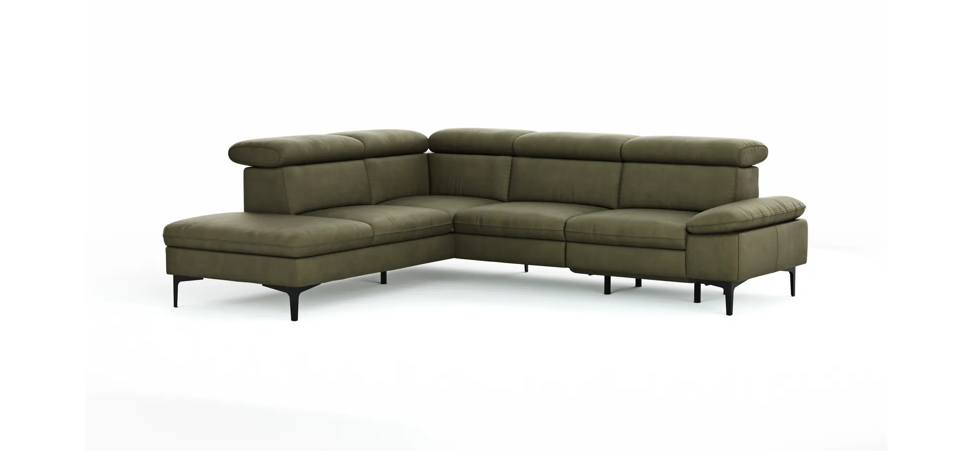 Ecksofa Felipa - Ecke links mit 2,5-Sitzer inkl. Armlehne verstellbar und Rückenlehne/Sitztiefe verstellbar (motorisch), Leder, Olive