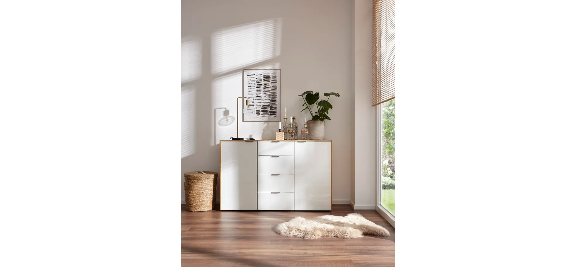 Kommode Colorado - BHT ca. 138x87x43 cm, Glas weiss mit Eiche furniert