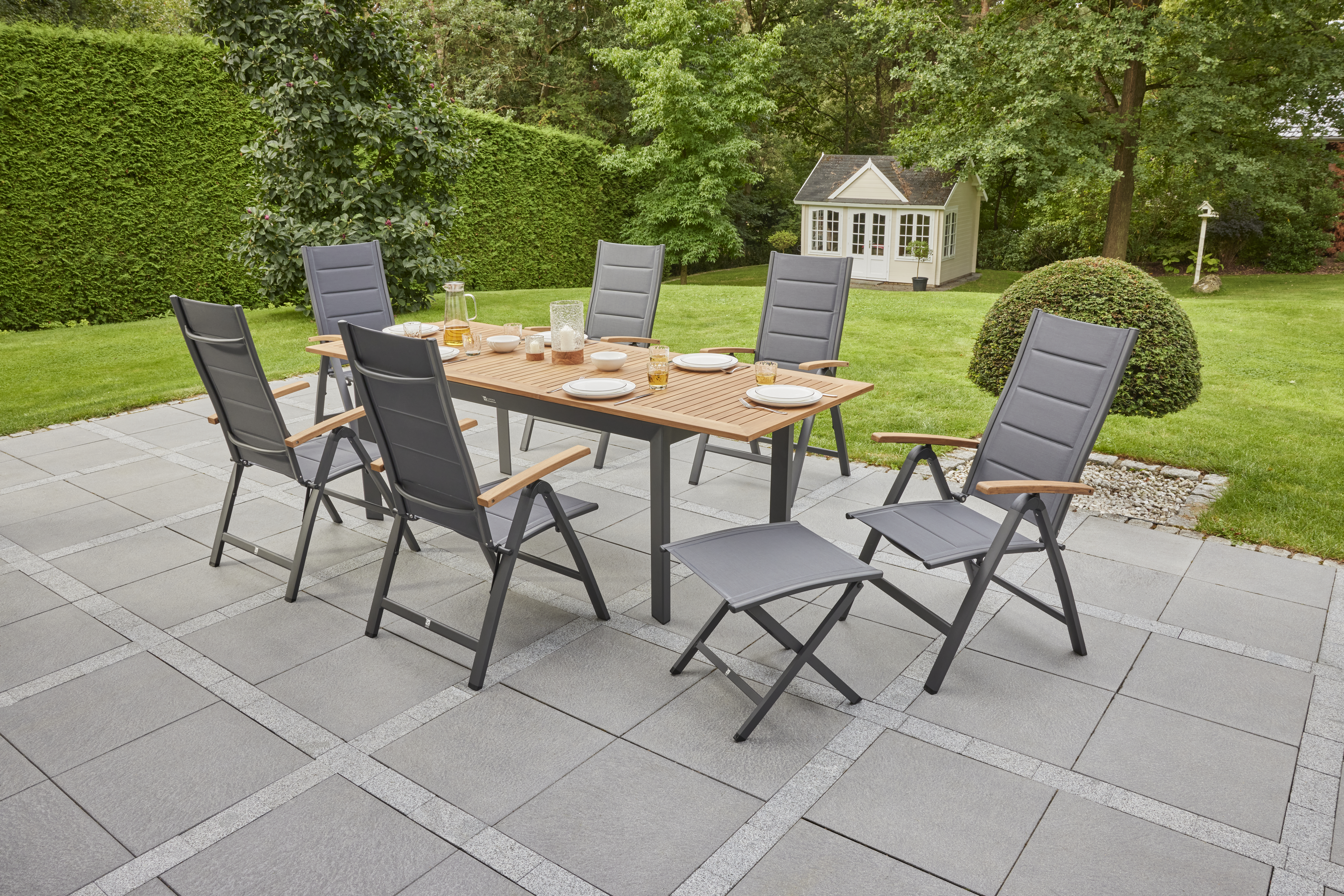 Tisch, Esstisch, Alu-Teak Kombi,Ausziehbar - Unicamo