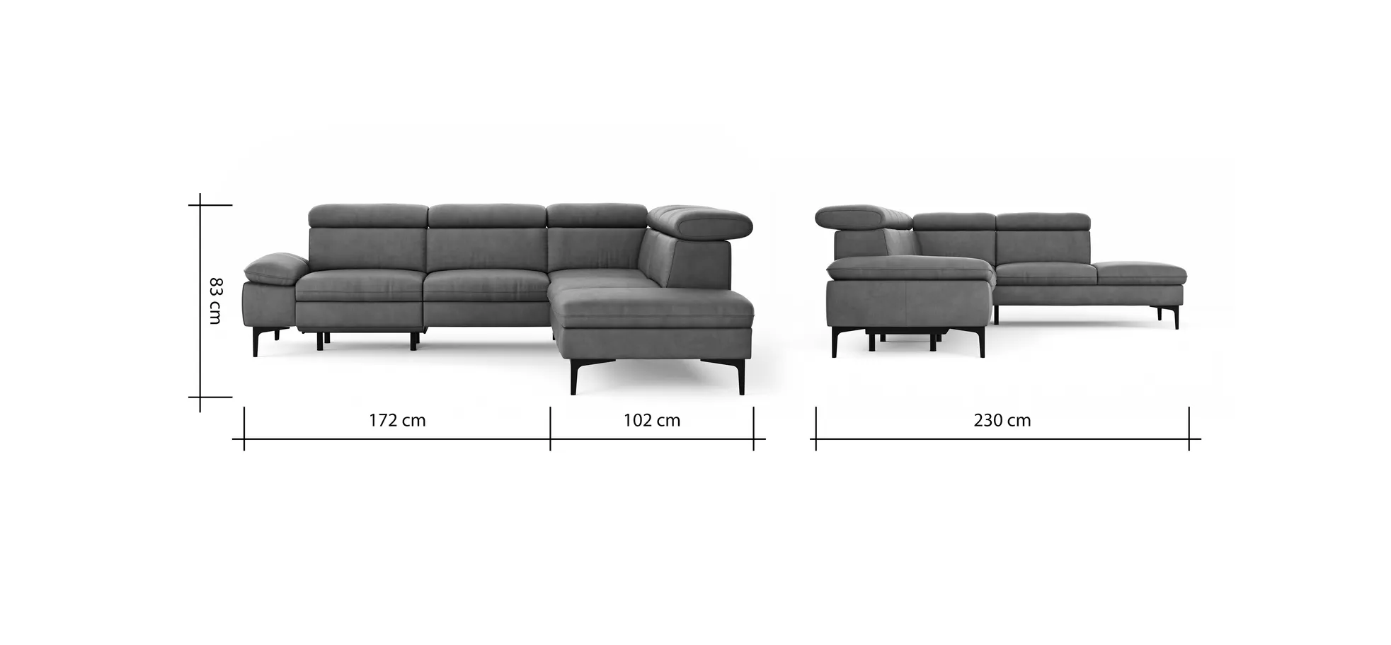 Ecksofa Felipa - 2,5-Sitzer mit Ecke rechts inkl. Armlehne verstellbar und Rückenlehne/Sitztiefe verstellbar (motorisch), Leder, Grau