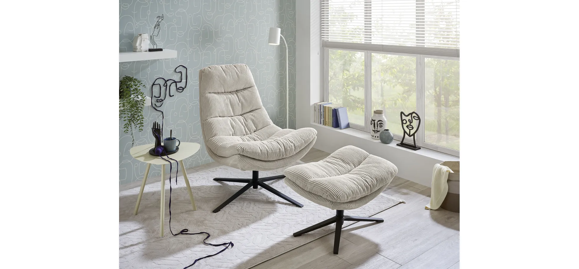 Relaxsessel mit Hocker, Cord beige - Duane
