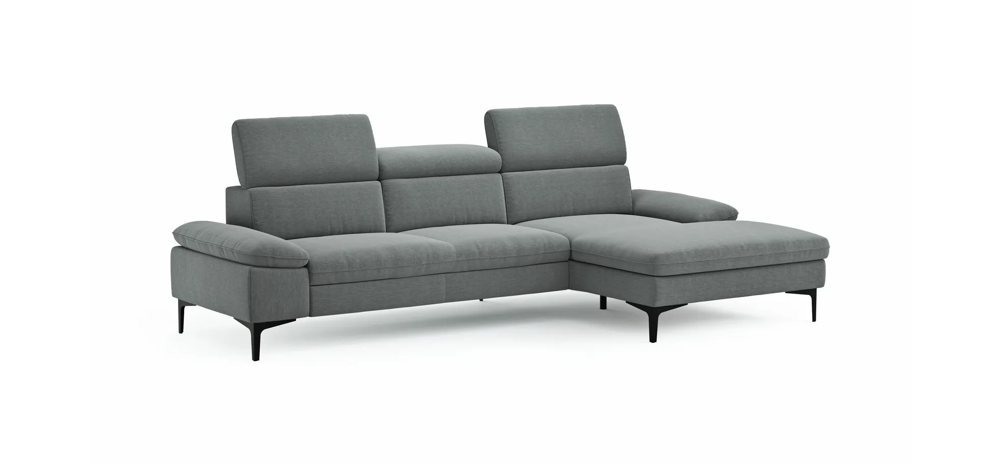 Ecksofa Felipa - 2,5-Sitzer mit Longchair rechts inkl. Kopfteil verstellbar, Stoff, Grau