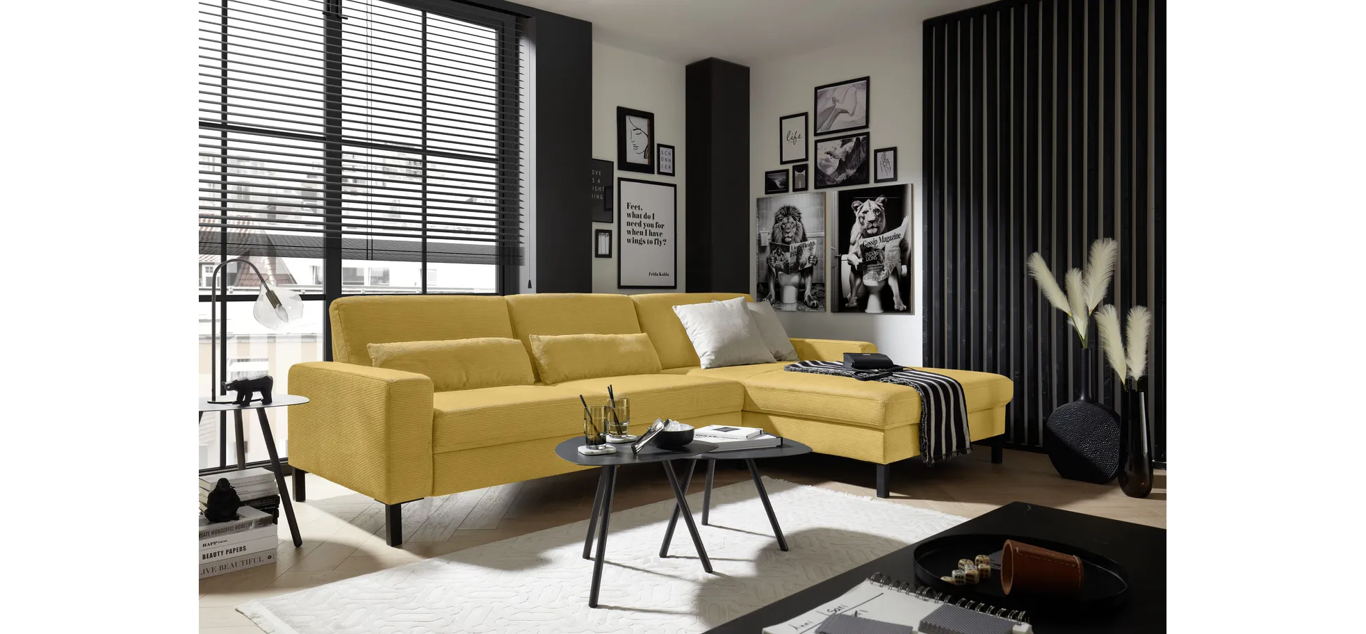  Ecksofa CALM MOVE 2.0 - 2,5-Sitzer mit Longchair rechts, Feincord, Gold