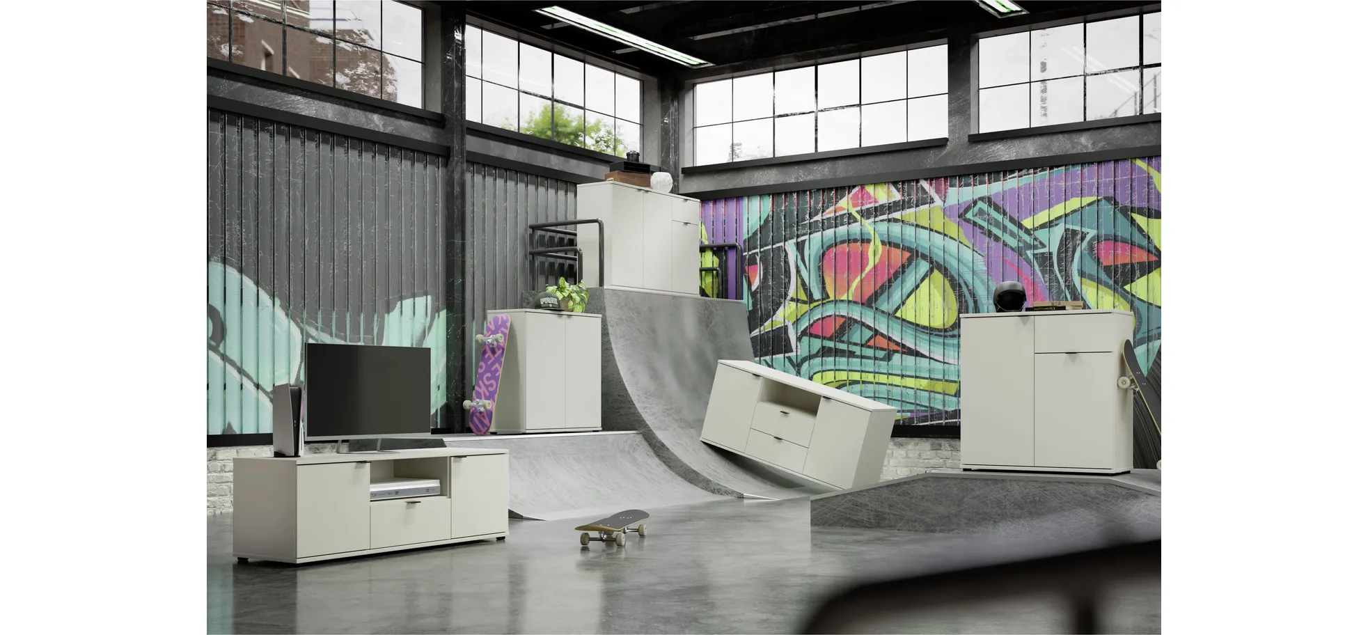 TV-Unterschrank, Sand, 2 Türen, 1 Schub - Finella