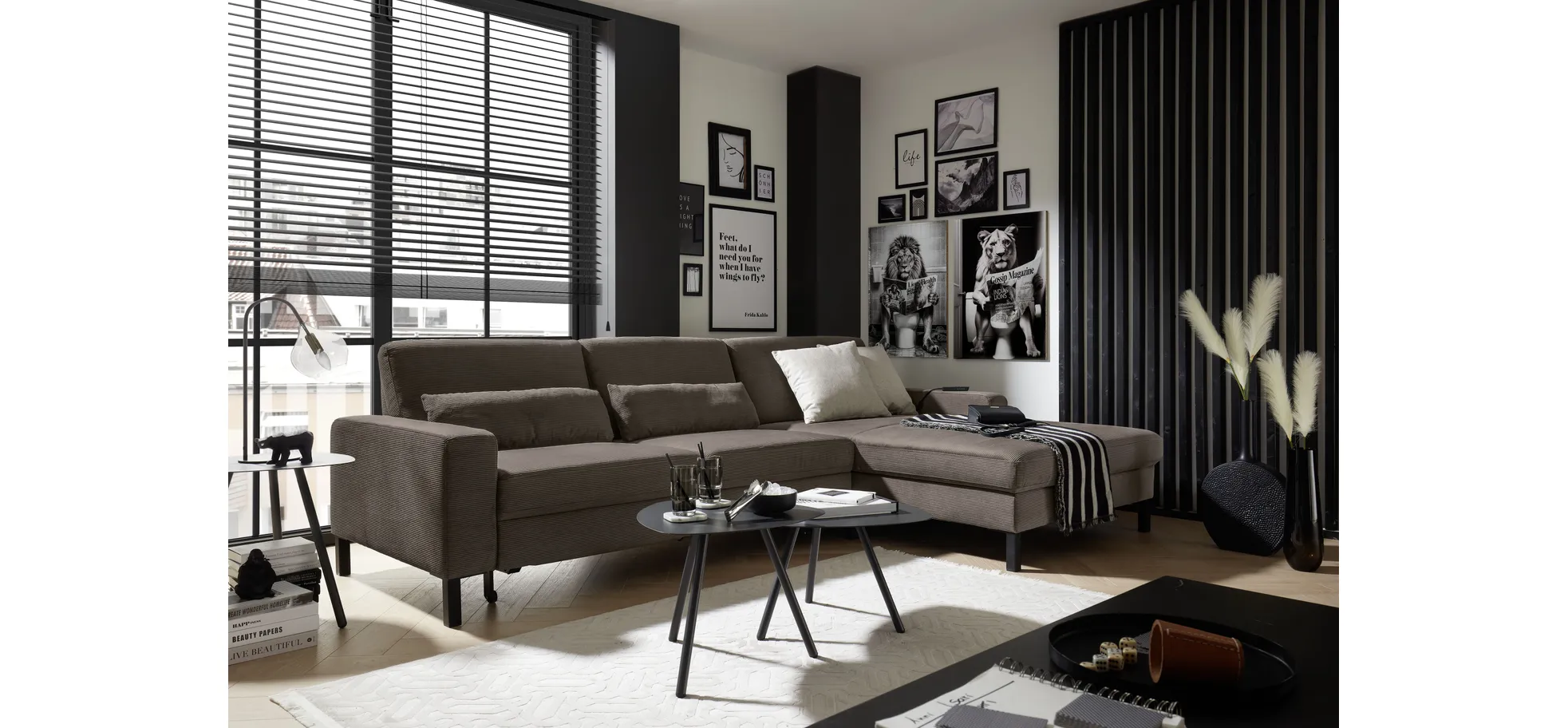  Ecksofa CALM MOVE 2.0 - 2,5-Sitzer mit Longchair rechts, Schlaffunktion, Feincord, Taupe