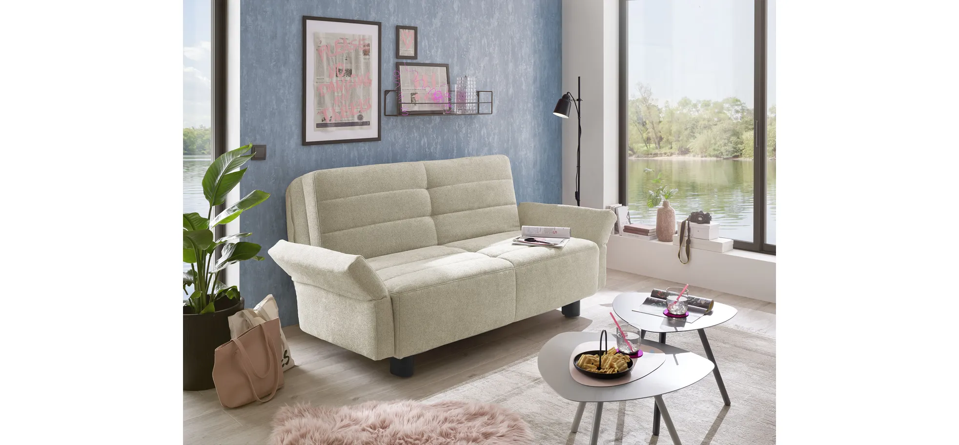 Faltsofa Easy - 2-Sitzer, ca. 140 cm inkl. Schlaffunktion/Topper/Armteil verstellbar, Stoff, Beige