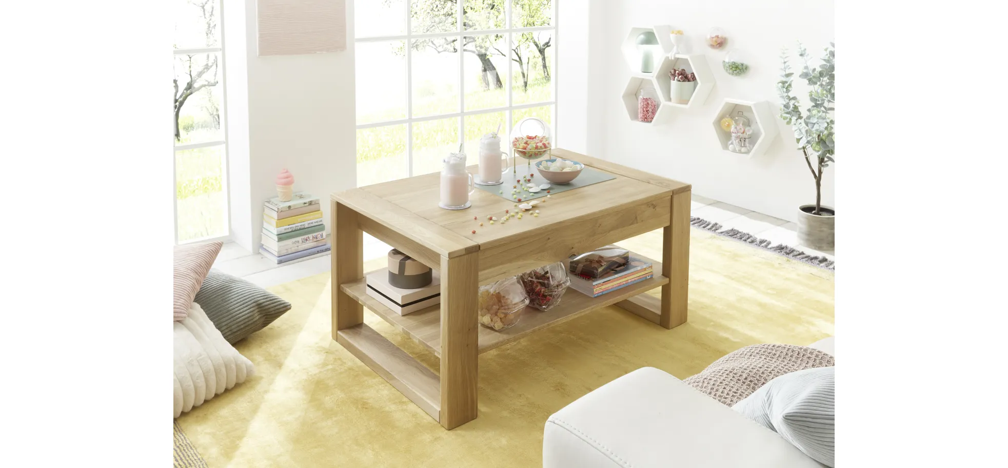 Couchtisch - höhenverstellbar, LB ca. 100x65 cm, Eiche massiv geölt