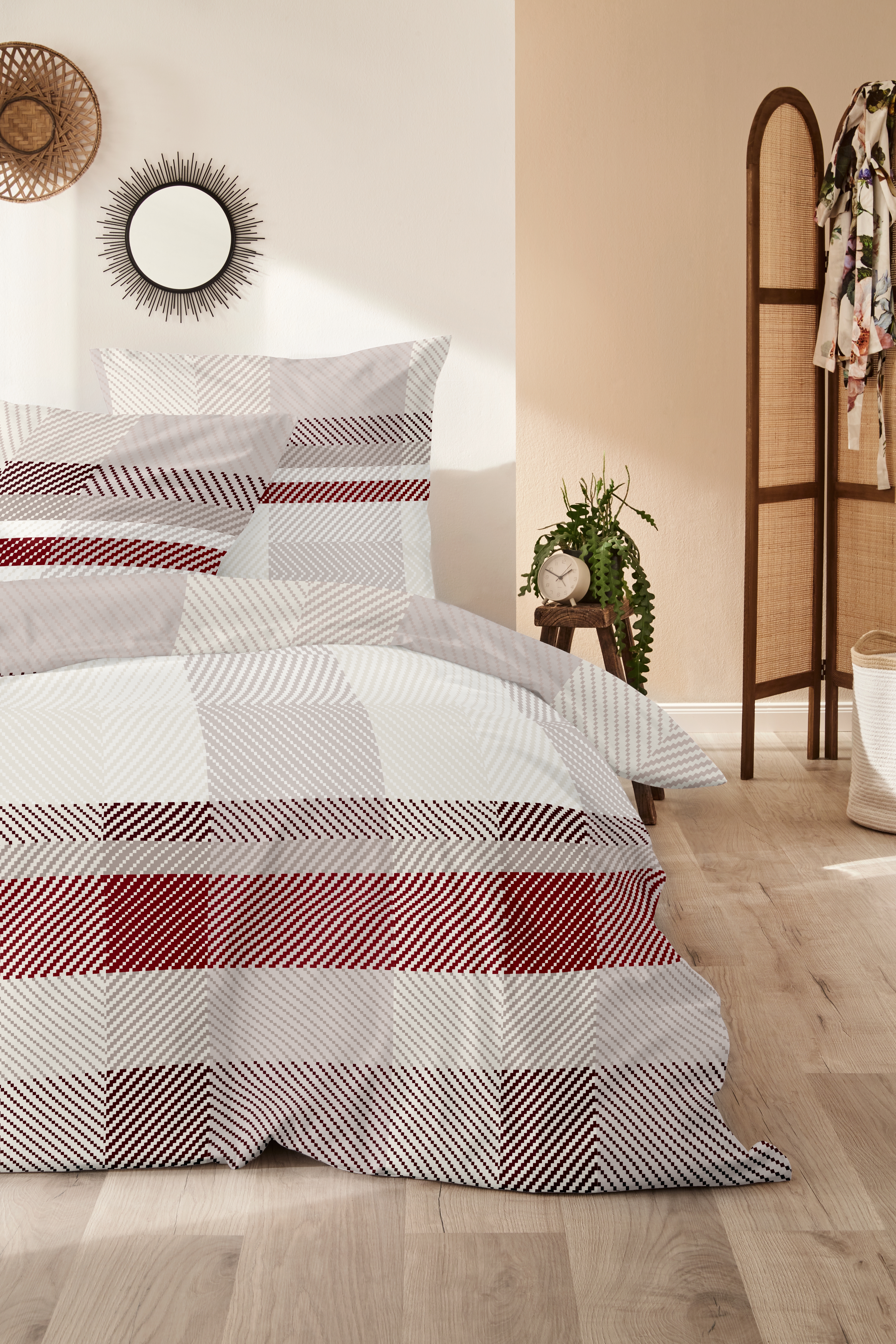 Edelflanell-Bettwäsche, 155x220cm, beige-rot - 100% Baumwolle