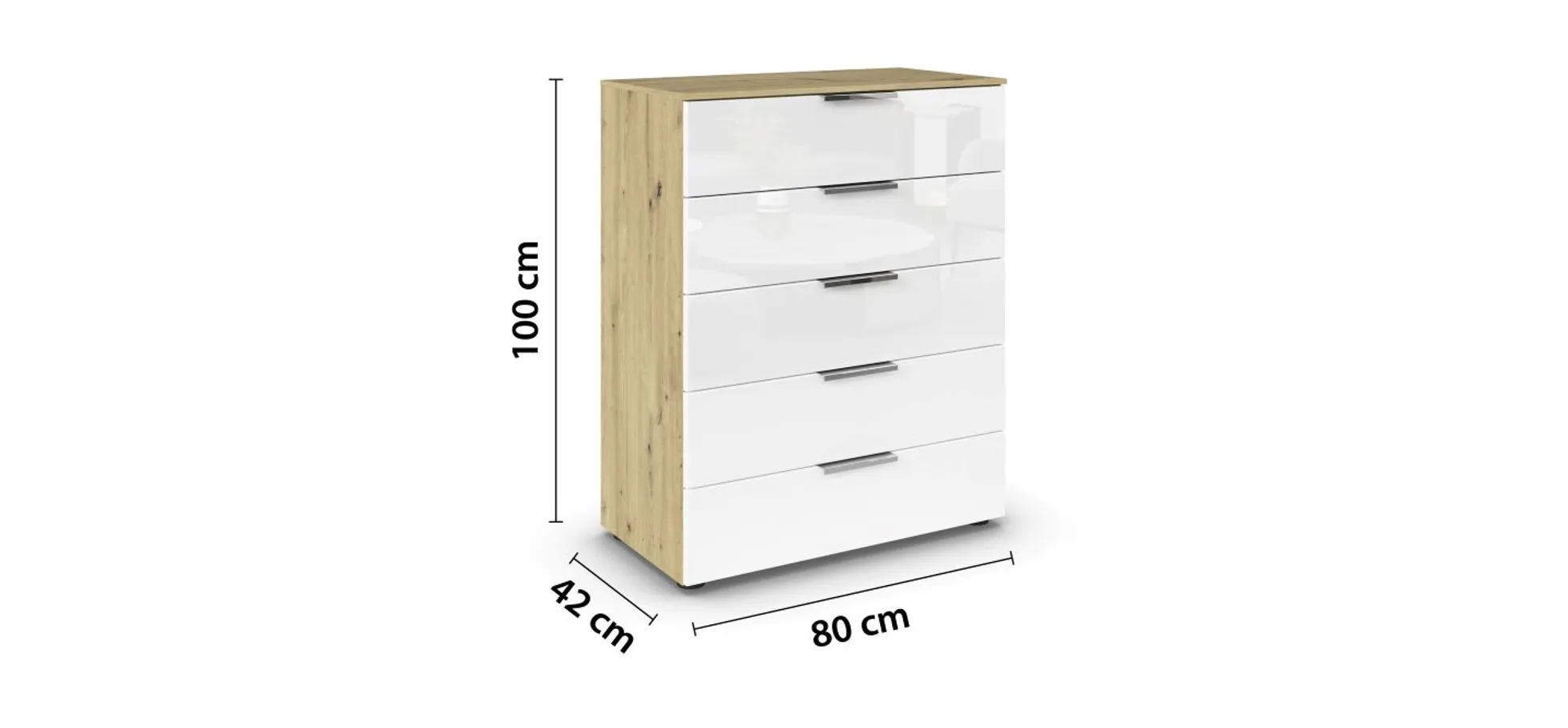 Kommode RIPP- Eiche Dekor, Glas, Weiß