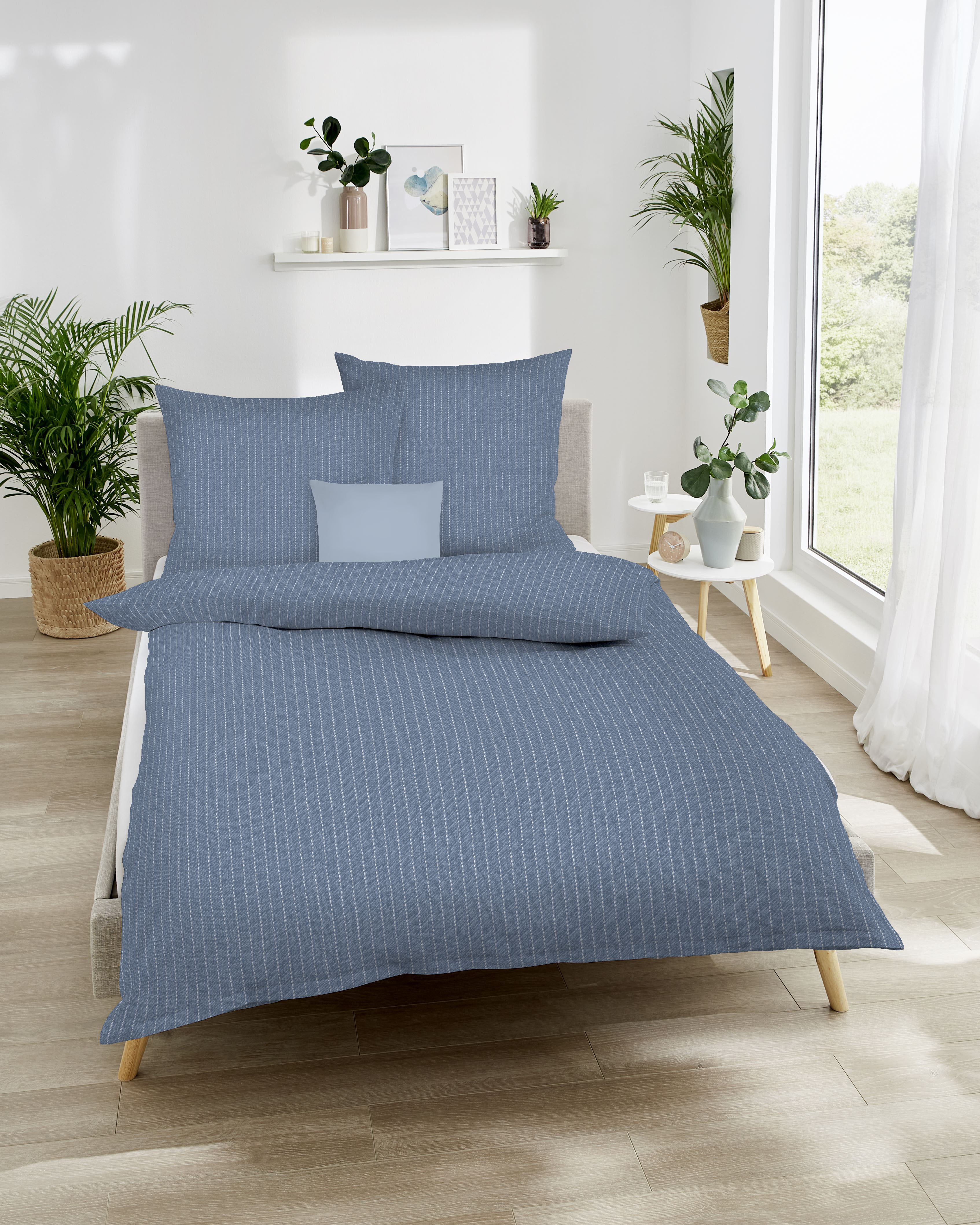 Edelflanell Bettwäsche Mood, 100 % Baumwolle - 135x200cm, blau/Streifen