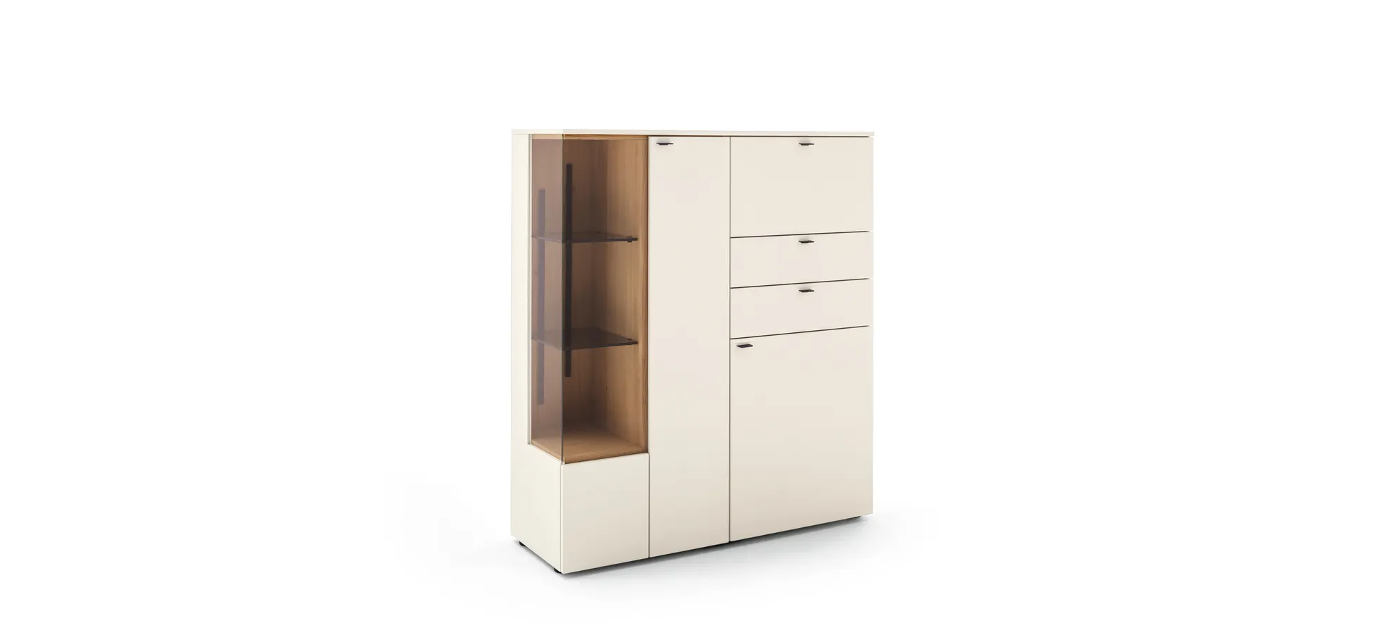 Highboard - Lack Creme, Akzent wildeiche Furnier