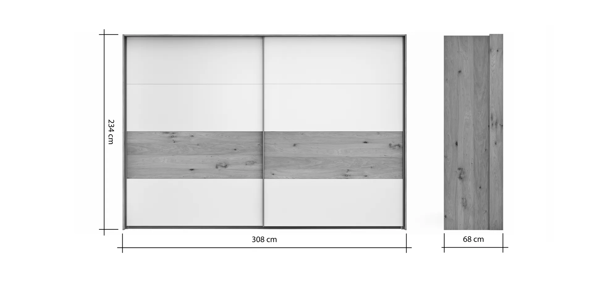 Schwebetürenschrank Viana - B ca. 308 cm, Furnier, Balkeneiche, Weiß